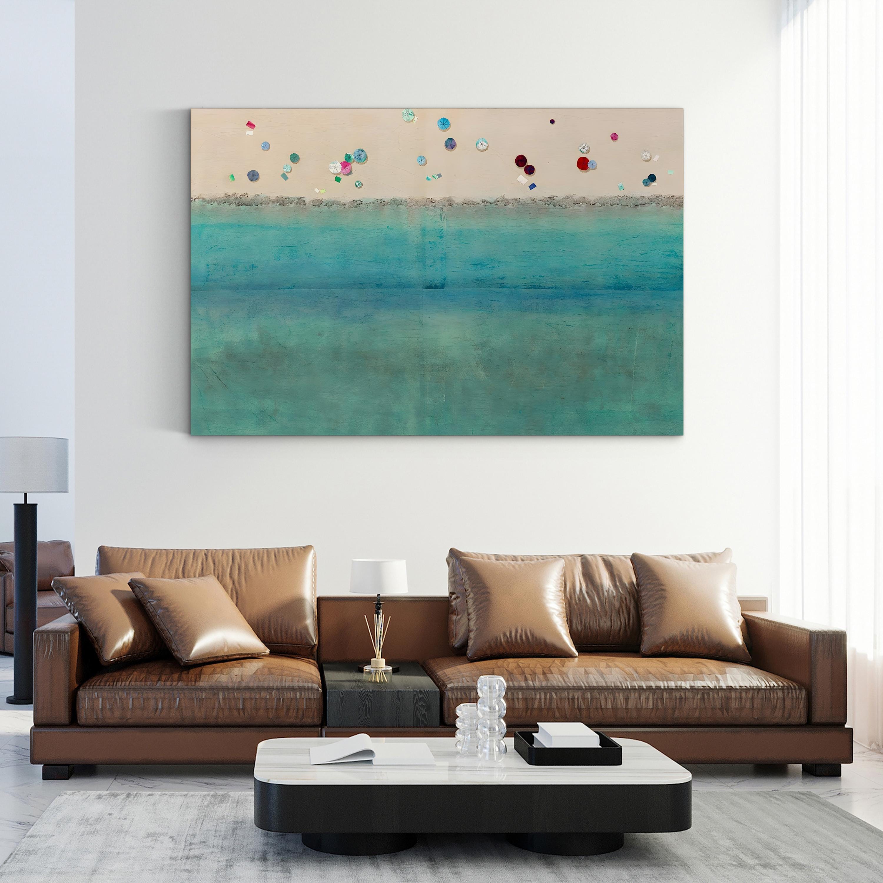 Beach Umbrella Coastal Scene – Period Illustration Wall Art | Vibrant Summer Canvas Print