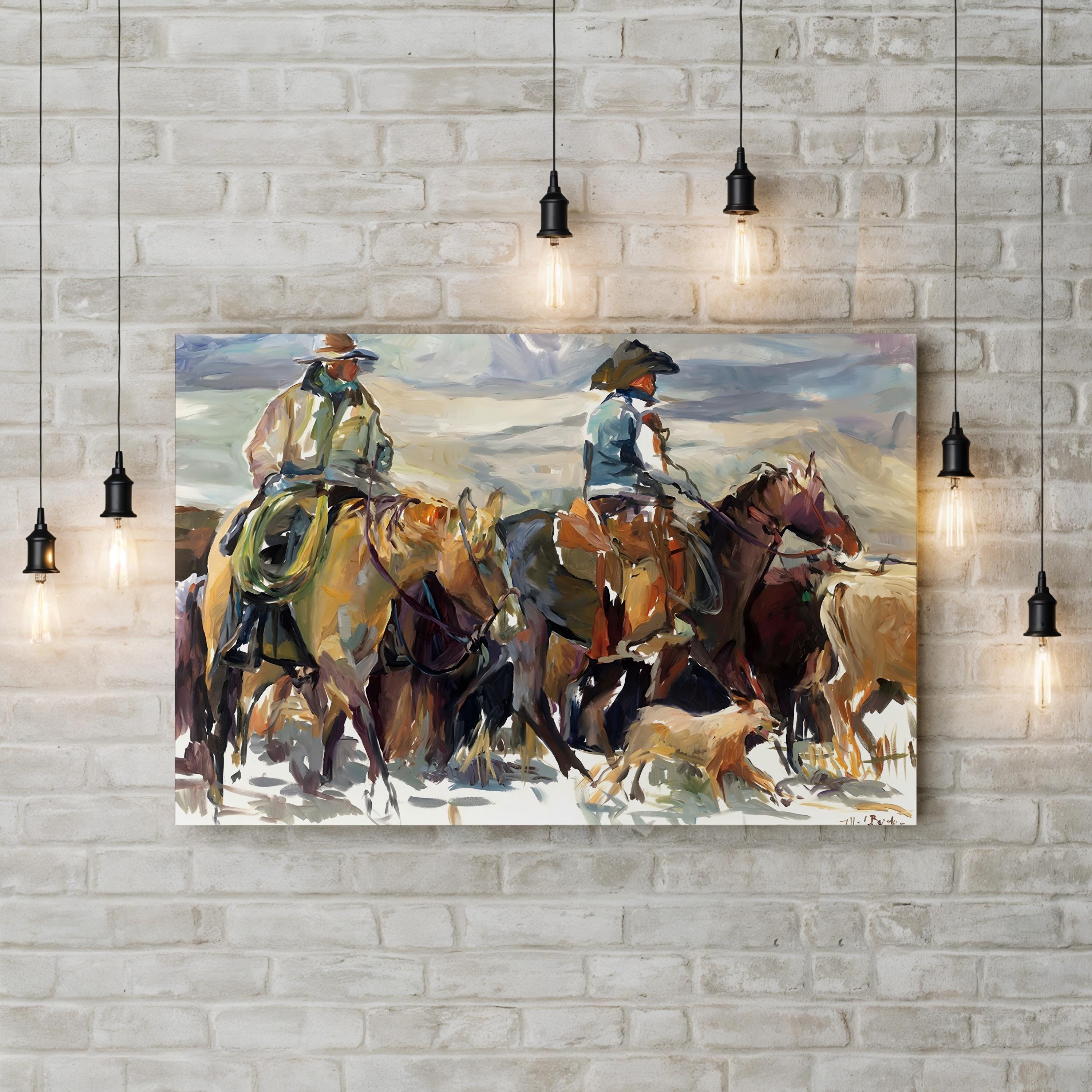 The Roundup Cowboy Landscape – Period Illustration Wall Art | Western Canvas Print