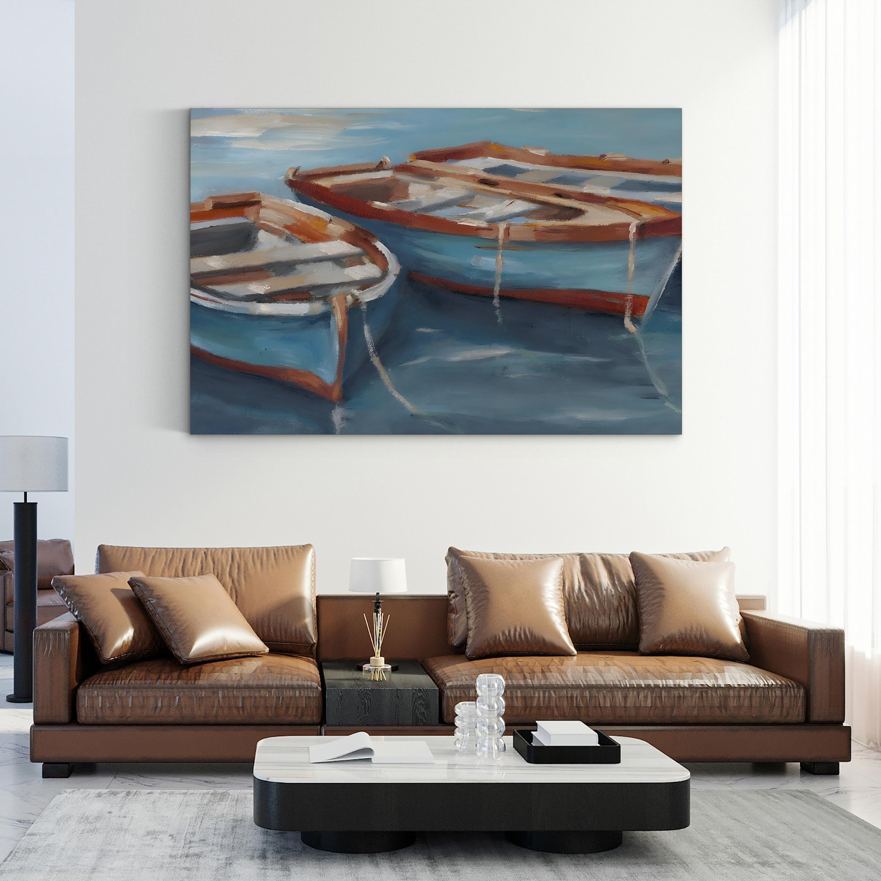 Tethered Row Boats II – Framed Coastal Nautical Landscape Canvas Art by Ethan Harper