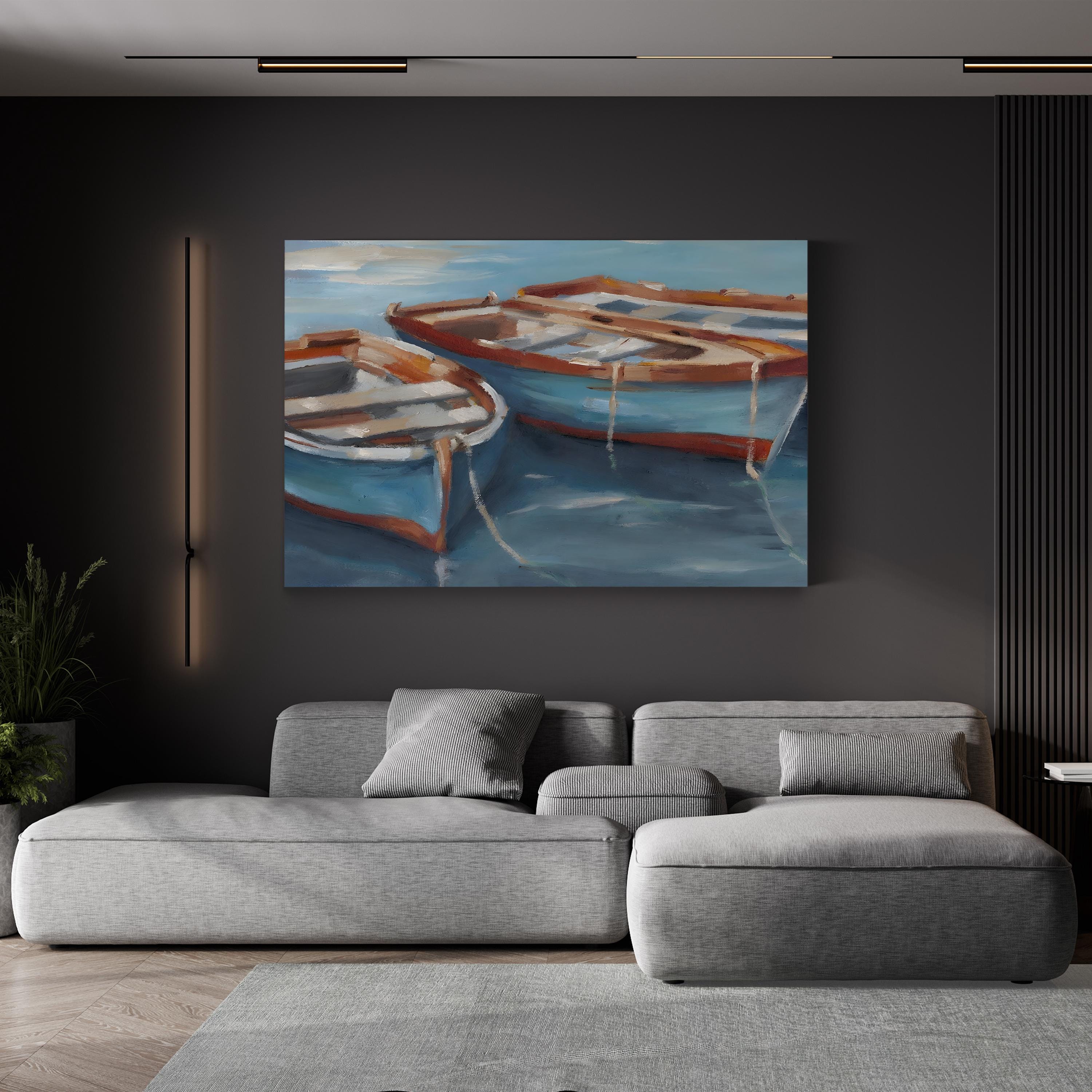 Tethered Row Boats II – Framed Coastal Nautical Landscape Canvas Art by Ethan Harper