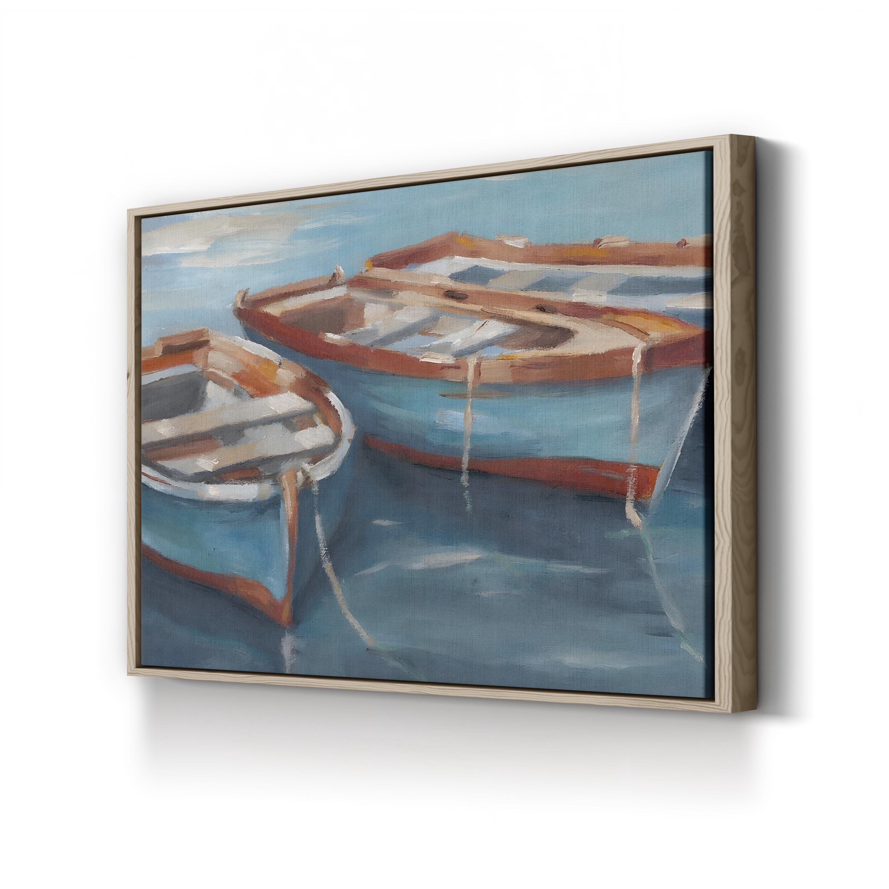 Tethered Row Boats II – Framed Coastal Nautical Landscape Canvas Art by Ethan Harper