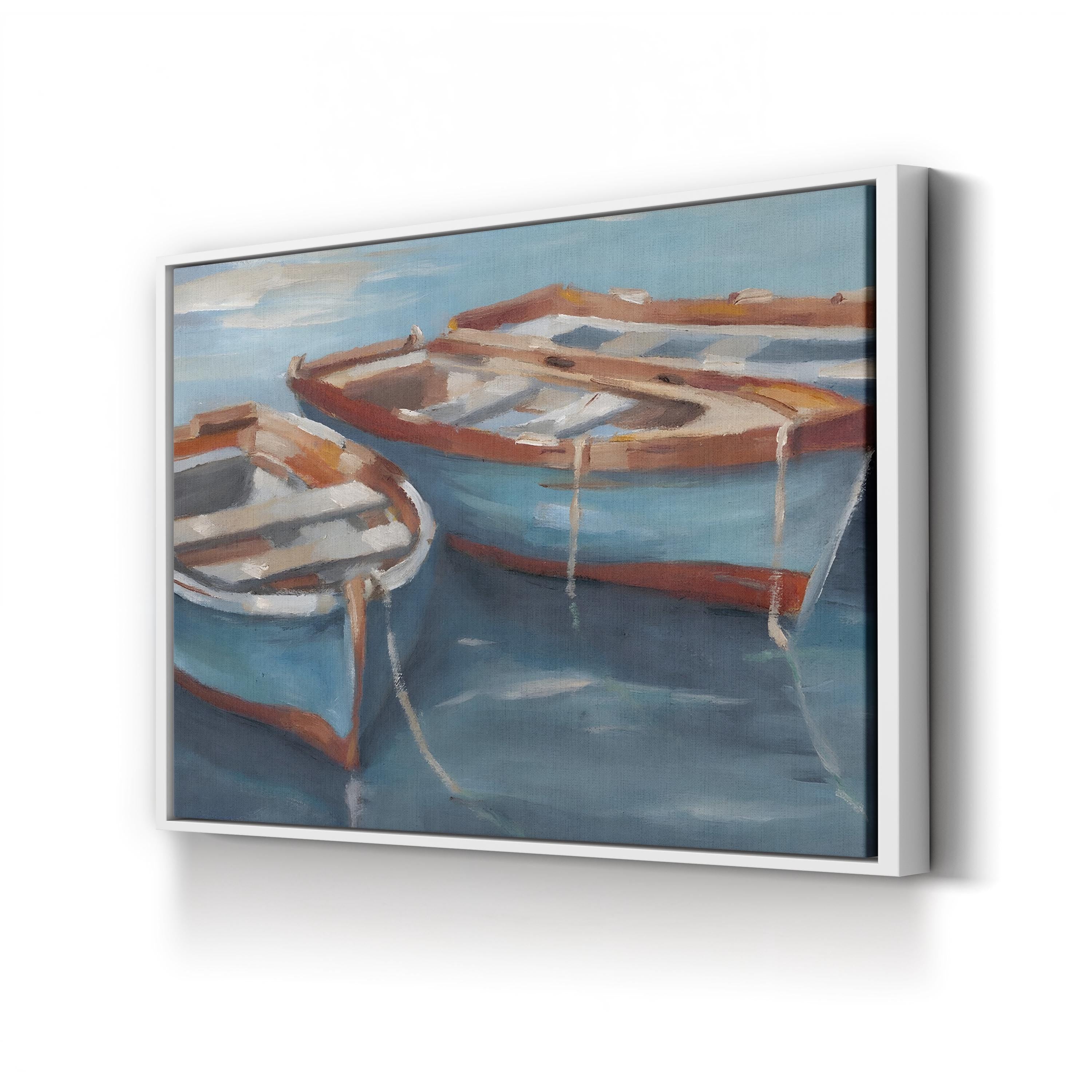 Tethered Row Boats II – Framed Coastal Nautical Landscape Canvas Art by Ethan Harper