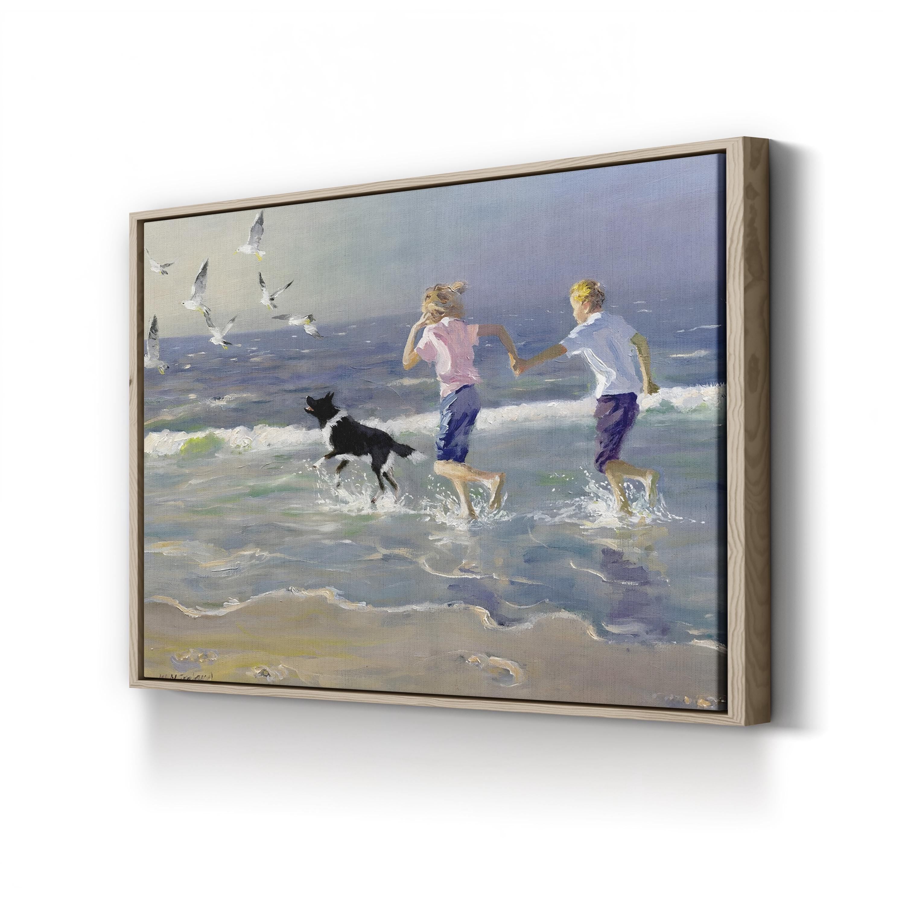 Children and Dog Beach Canvas Art Print: Coastal Ocean Landscape