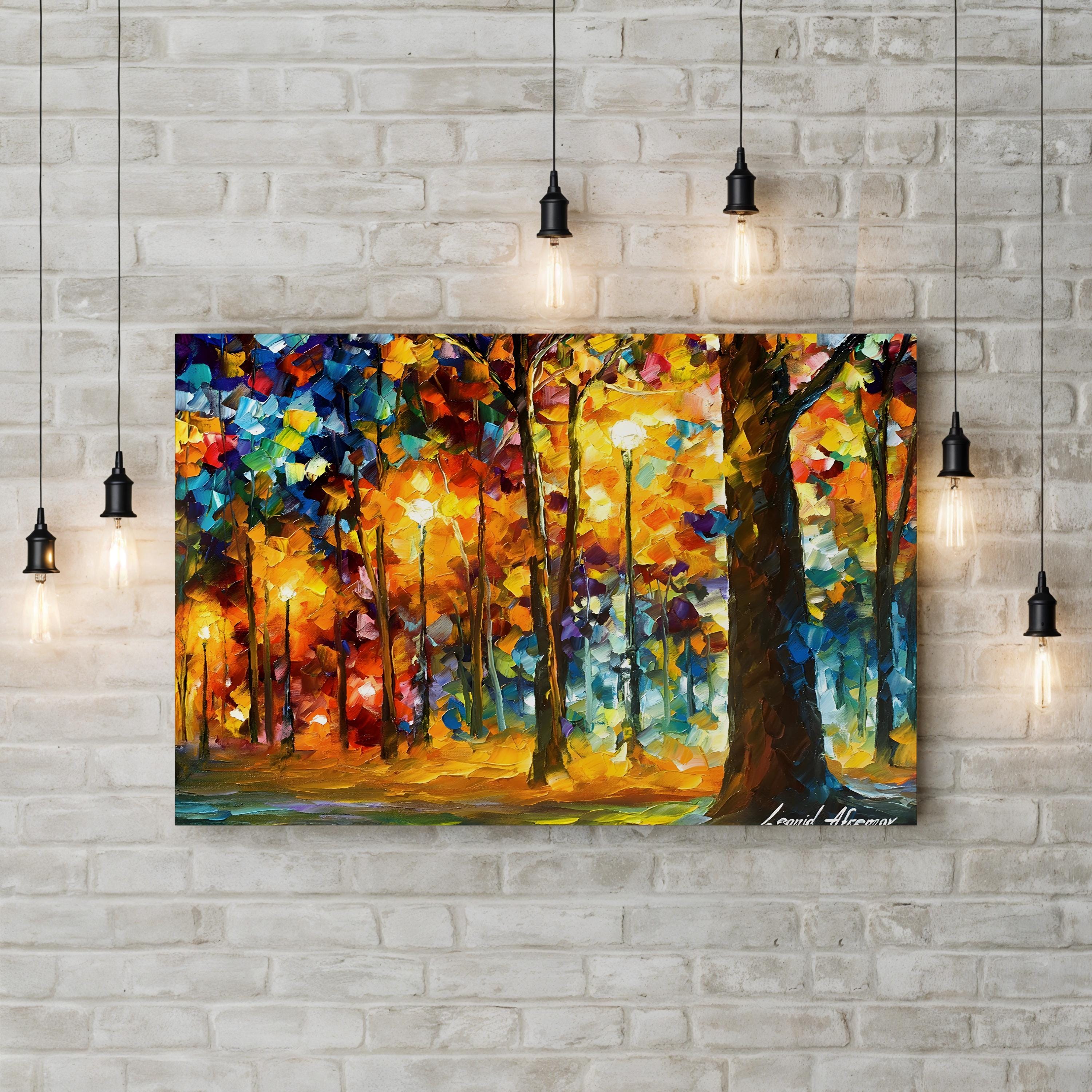 Colorful abstract forest painting on a brick wall with hanging lights.