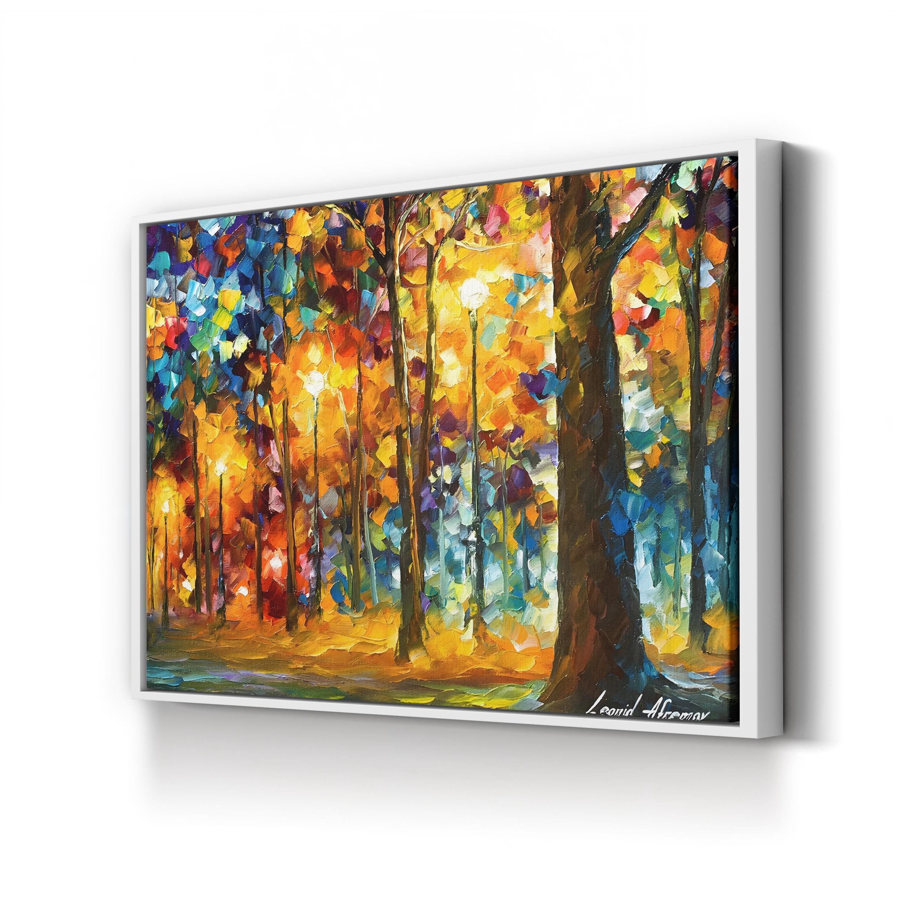 Colorful abstract painting of a forest scene on a white wall
