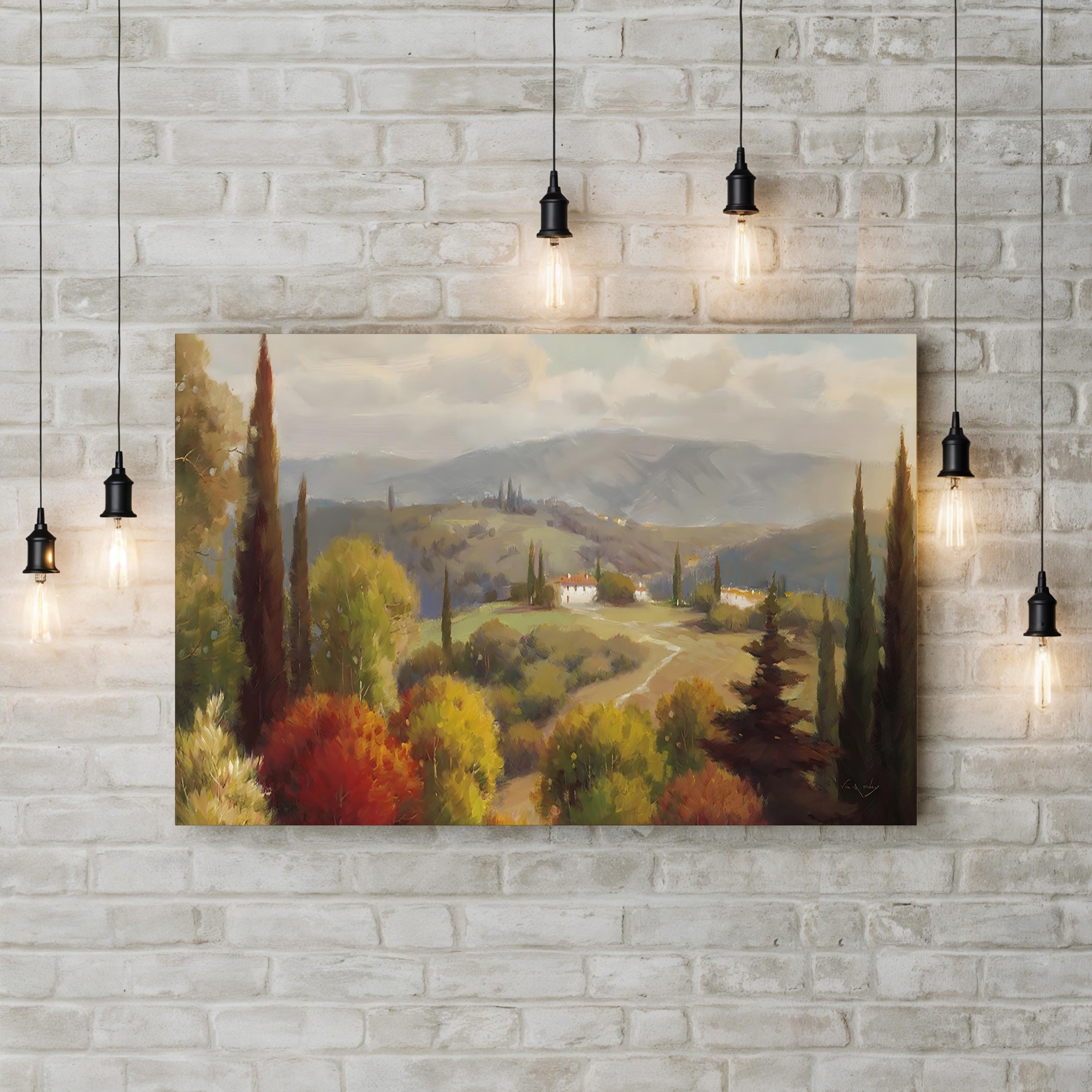 Tuscan Landscape Canvas Art: Rolling Hills and Villa, Mediterranean Countryside Painting