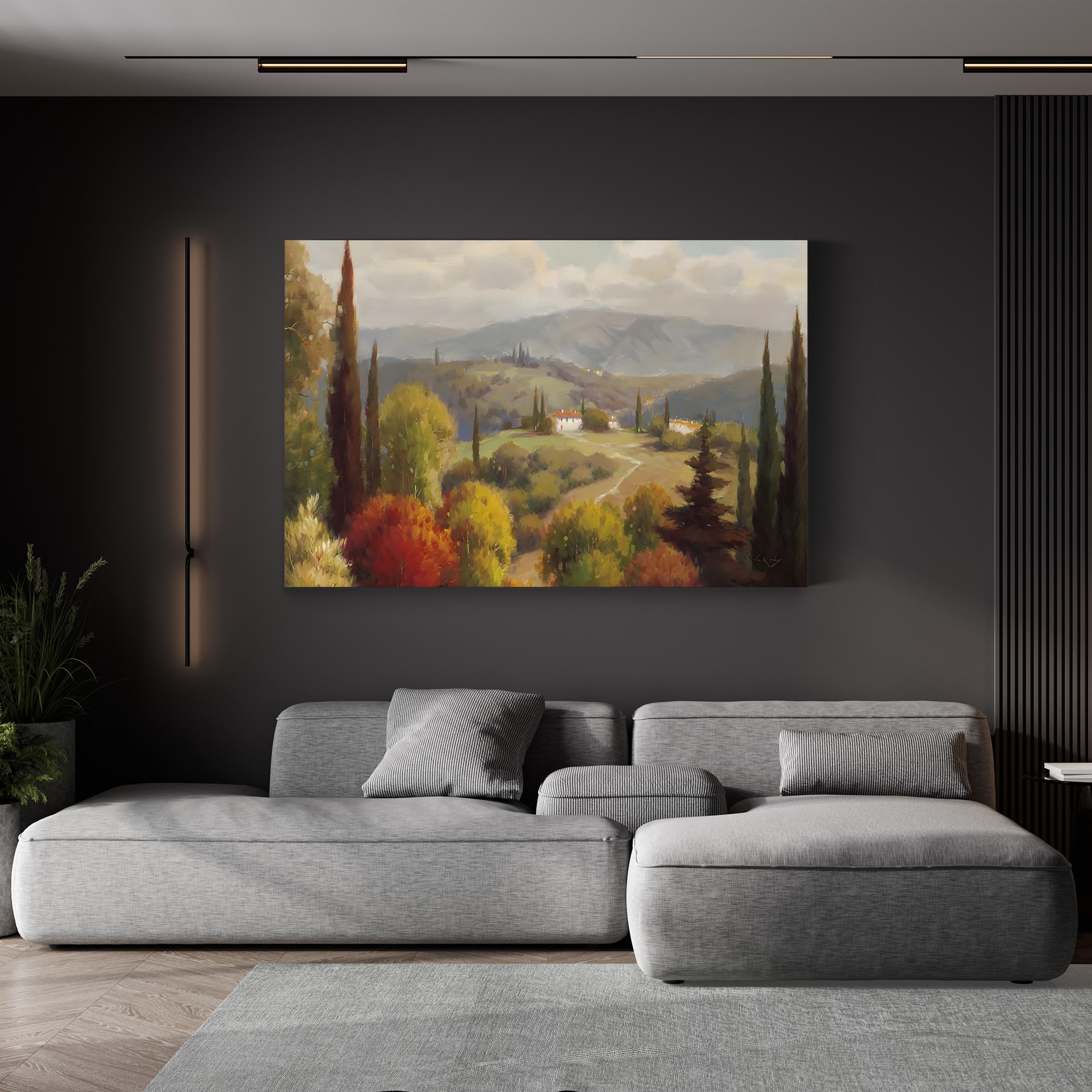 Tuscan Landscape Canvas Art: Rolling Hills and Villa, Mediterranean Countryside Painting