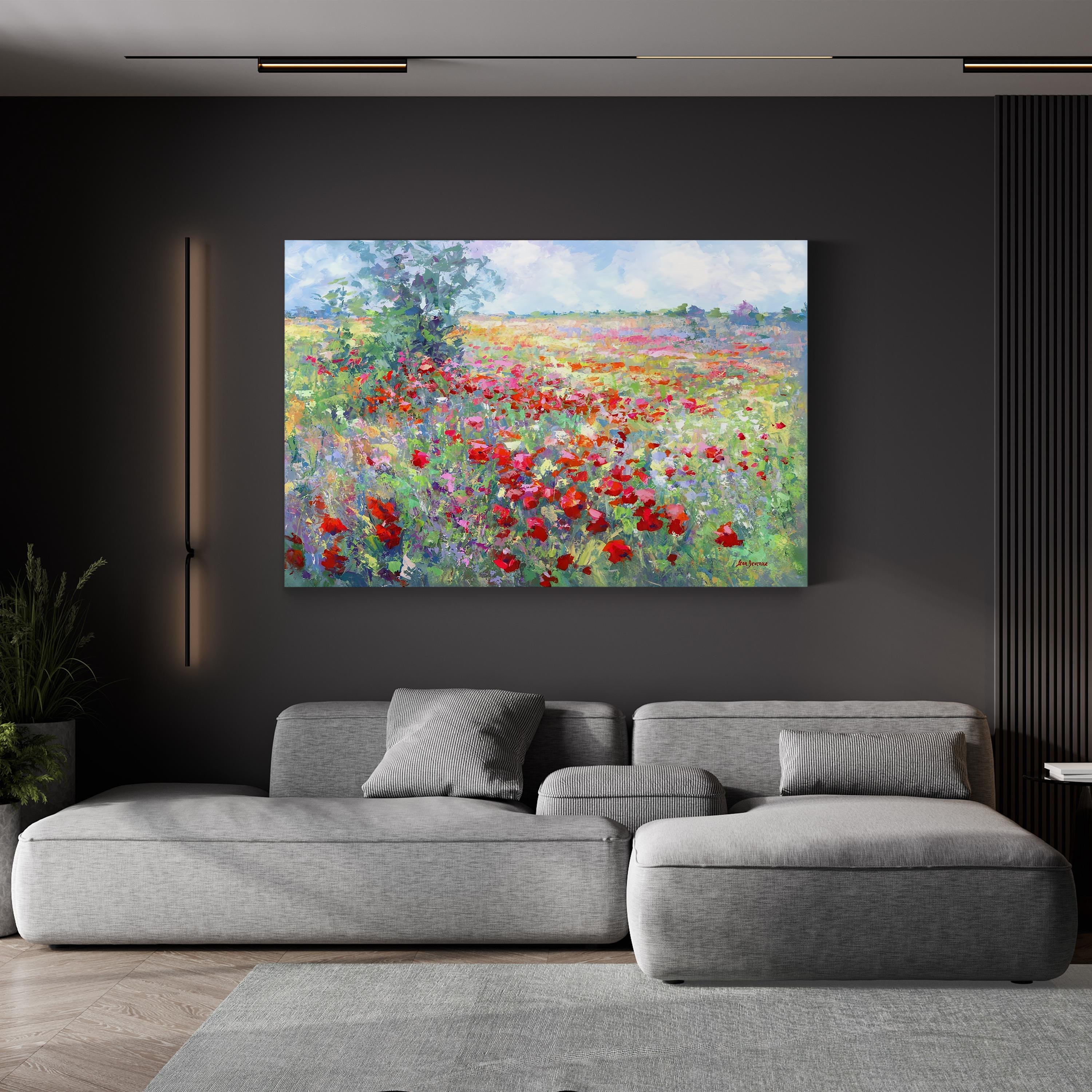 Tuscan Wildflower Field Canvas Wall Art: Contemporary Italian Landscape Painting