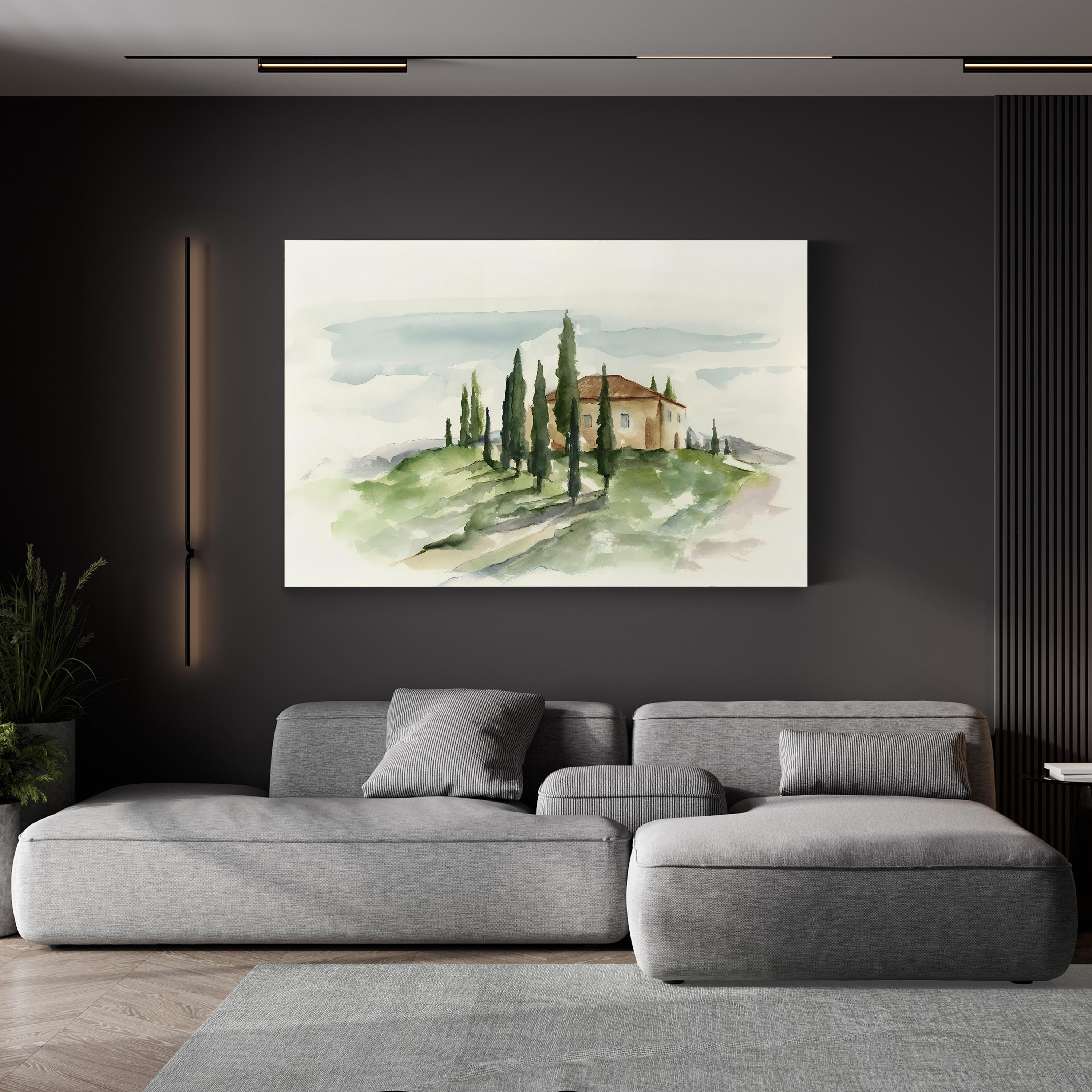 Tuscan Villa Watercolor Canvas Art: Italian Country Landscape