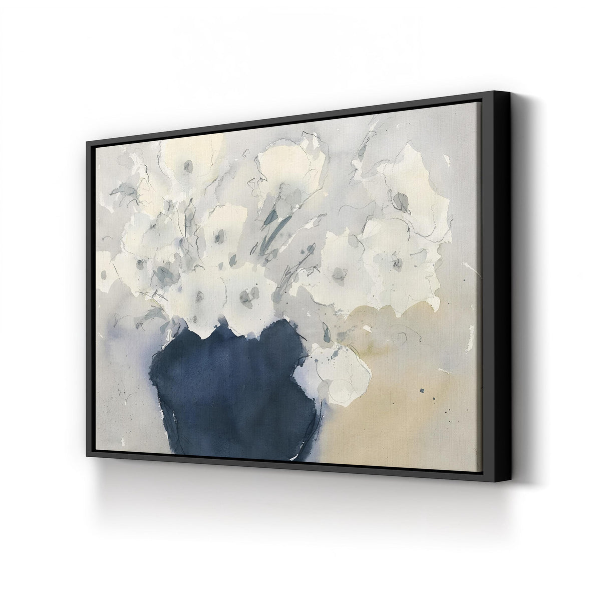 White Floral Bouquet Watercolor – Period Illustration Wall Art | Elegant Botanical Canvas Print canvas print in Black Framed Canvas