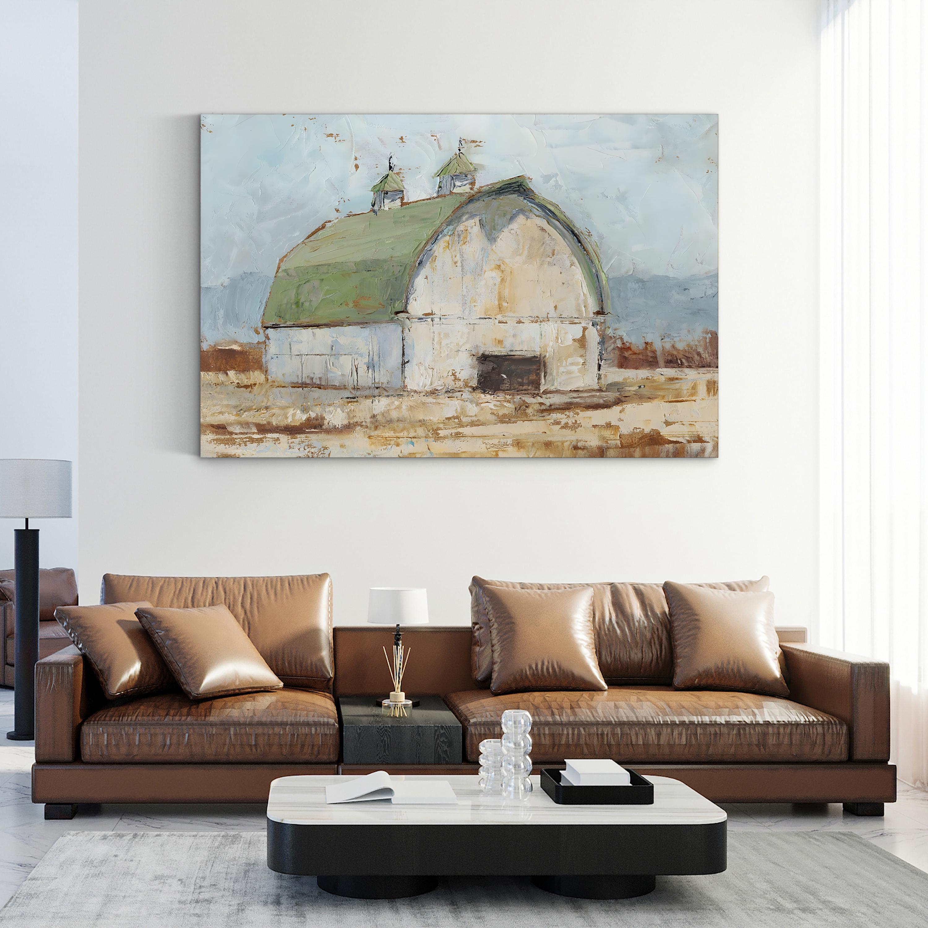 Whitewashed Barn Green Roof – Period Illustration Wall Art | Rustic Farmhouse Canvas Print