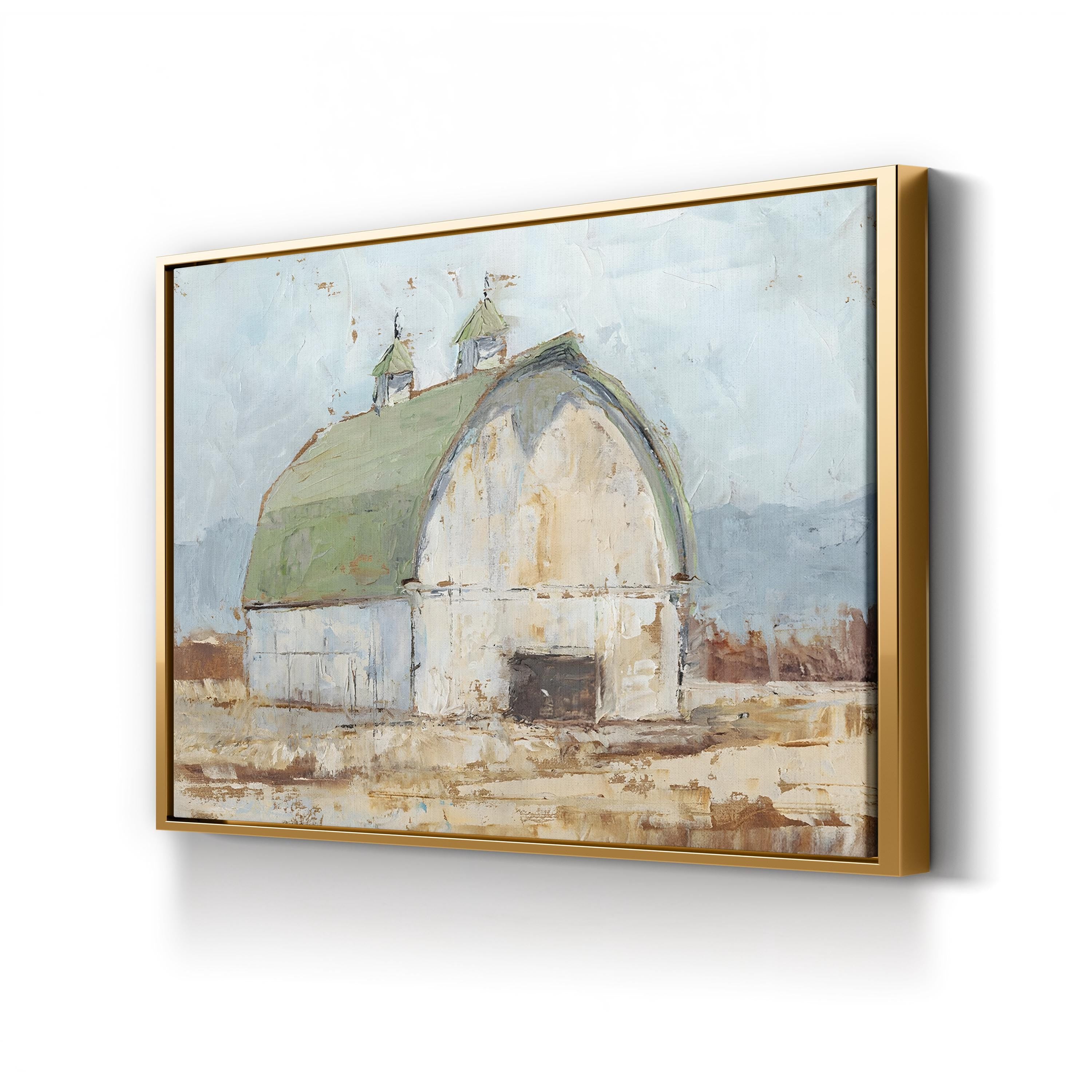 Whitewashed Barn Green Roof – Period Illustration Wall Art | Rustic Farmhouse Canvas Print