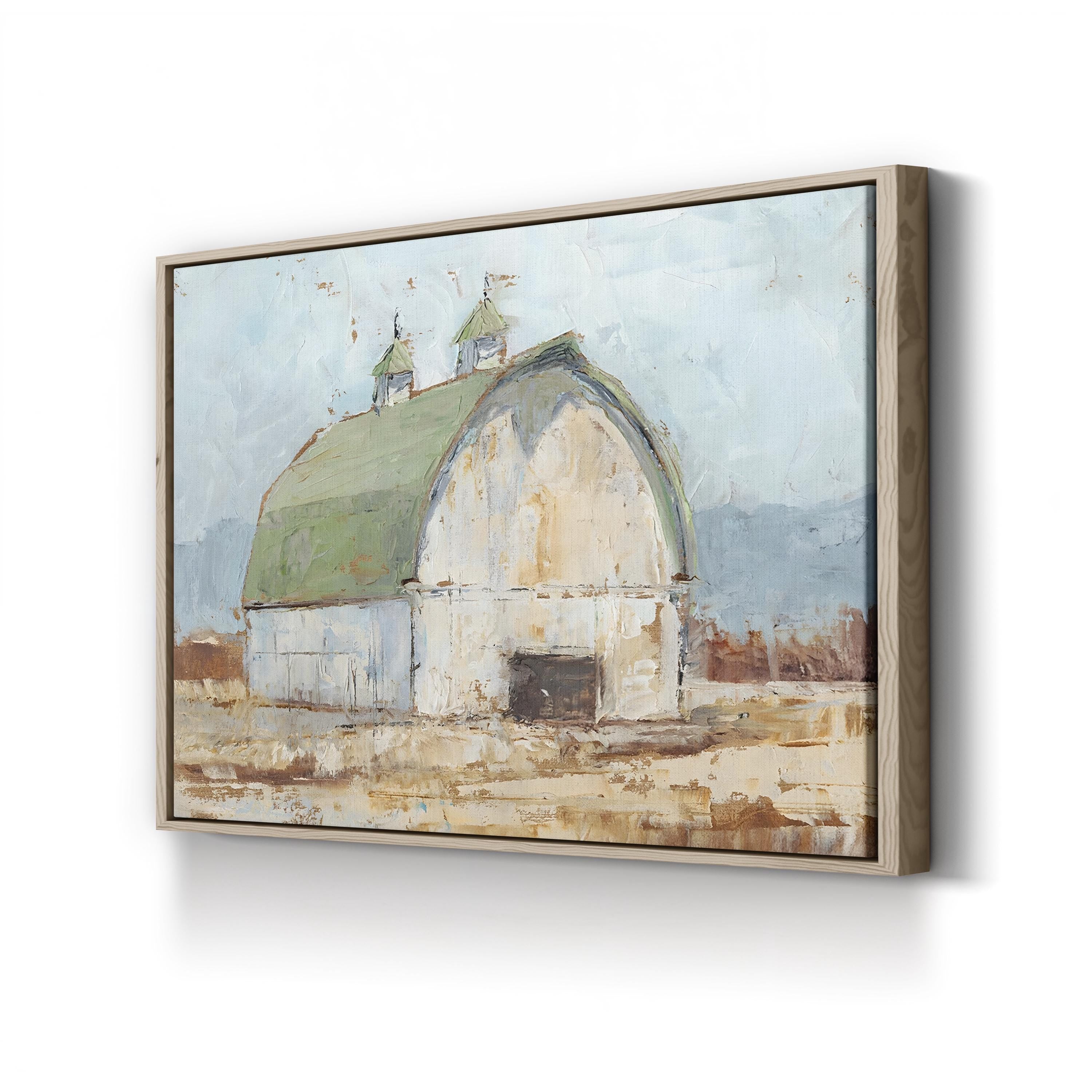 Whitewashed Barn Green Roof – Period Illustration Wall Art | Rustic Farmhouse Canvas Print