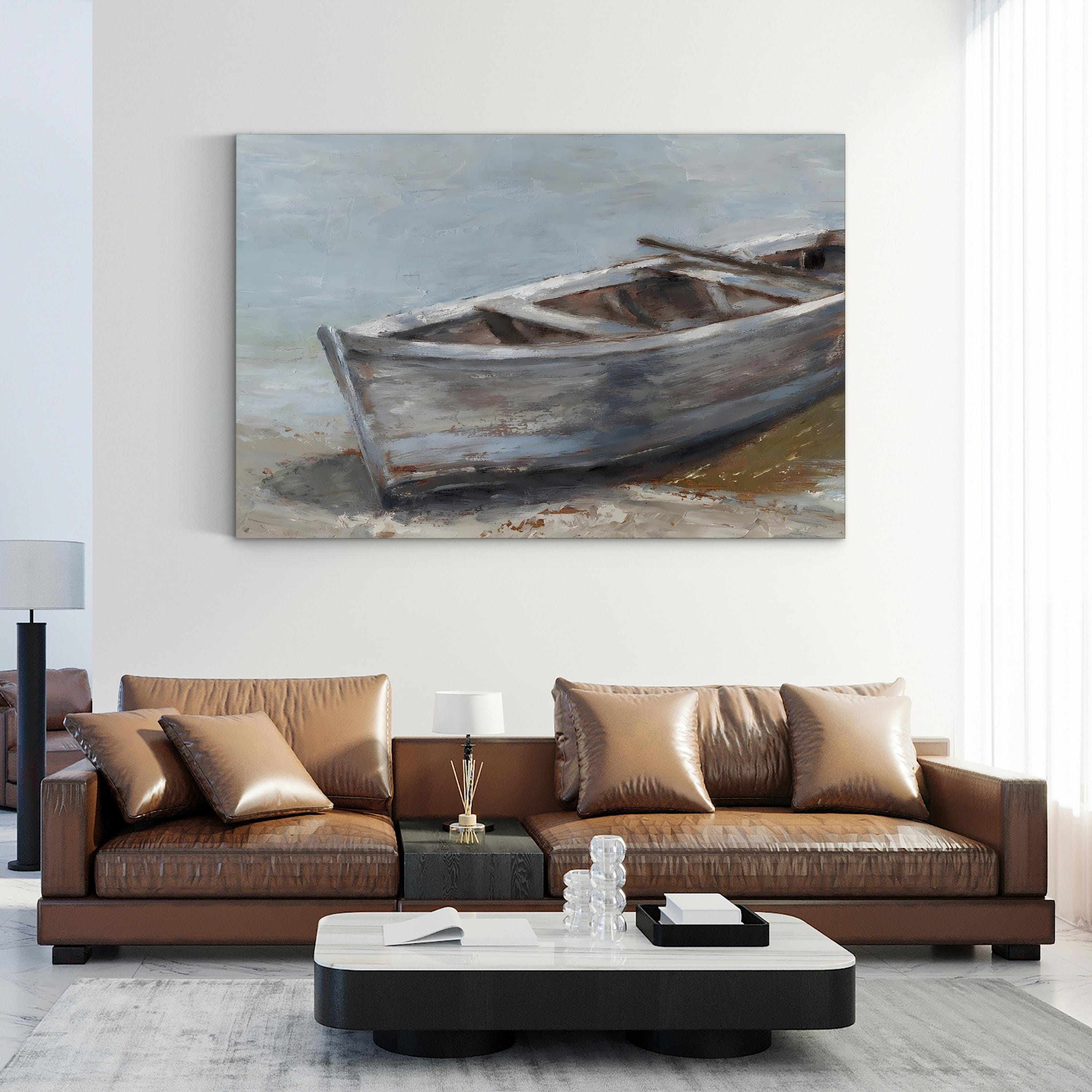 Whitewashed Coastal Rowboat – Period Illustration Wall Art | Beach House Canvas Print