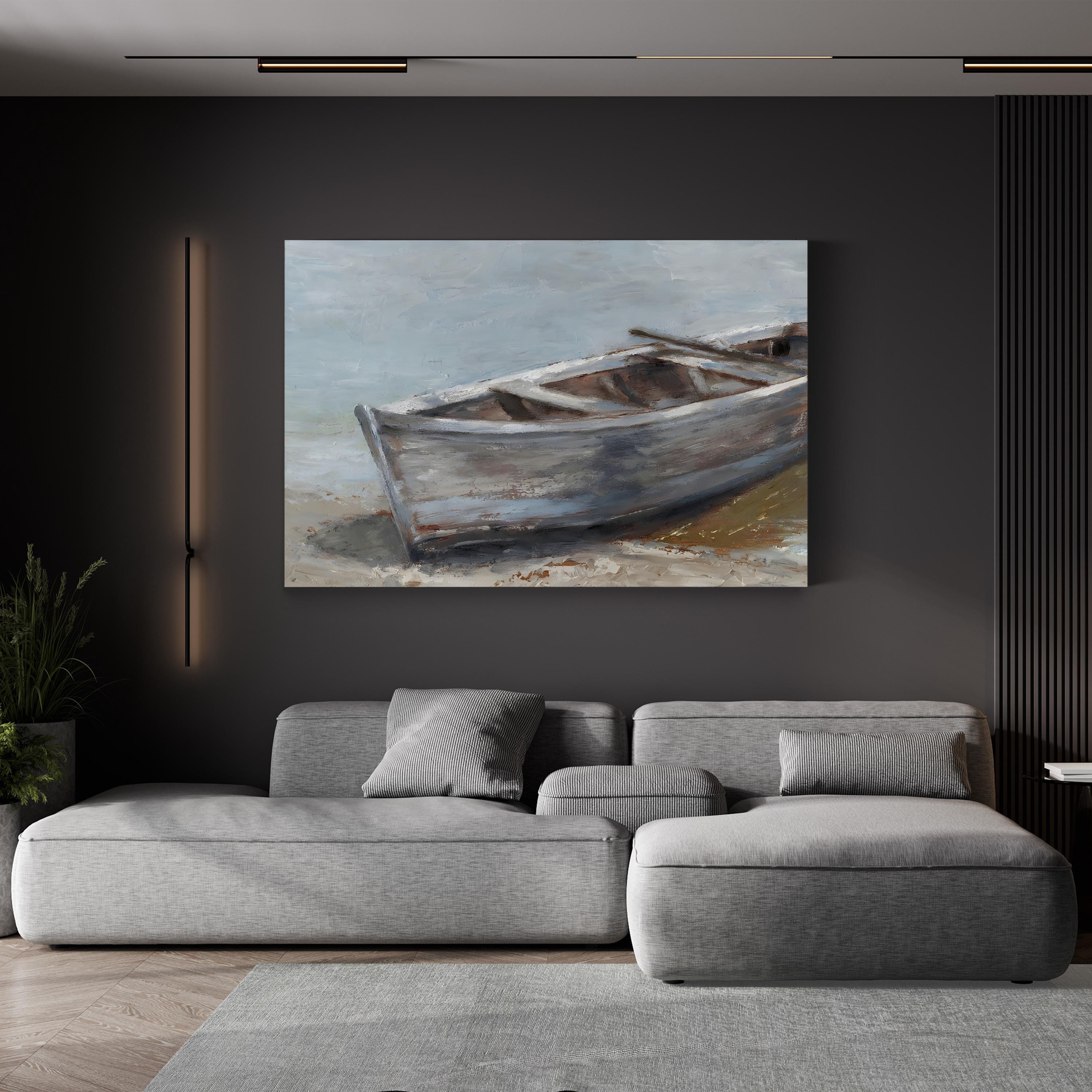 Whitewashed Coastal Rowboat – Period Illustration Wall Art | Beach House Canvas Print