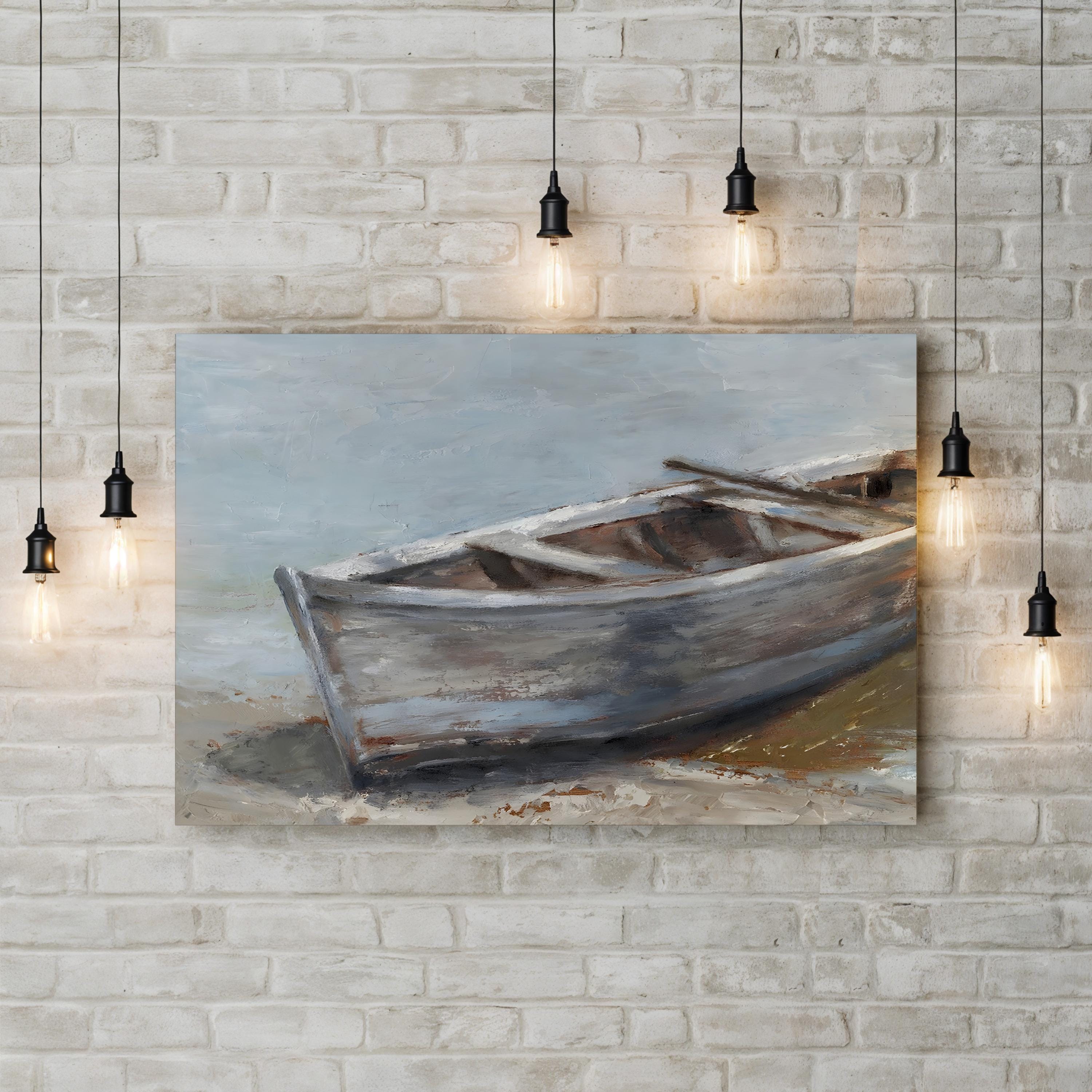 Whitewashed Coastal Rowboat – Period Illustration Wall Art | Beach House Canvas Print