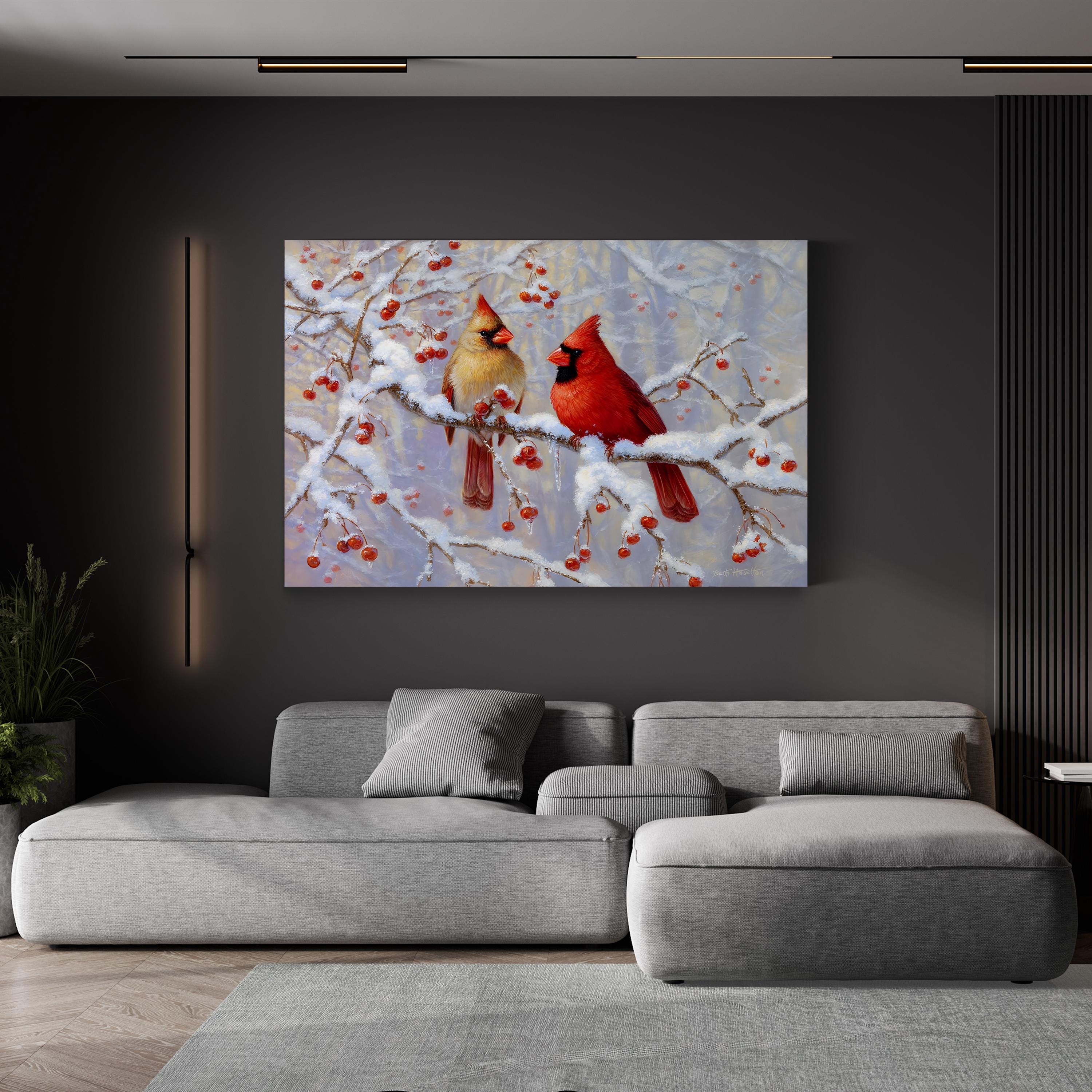 Winter Cardinals on Snowy Branches – Period Illustration Wall Art | Holiday Canvas Print