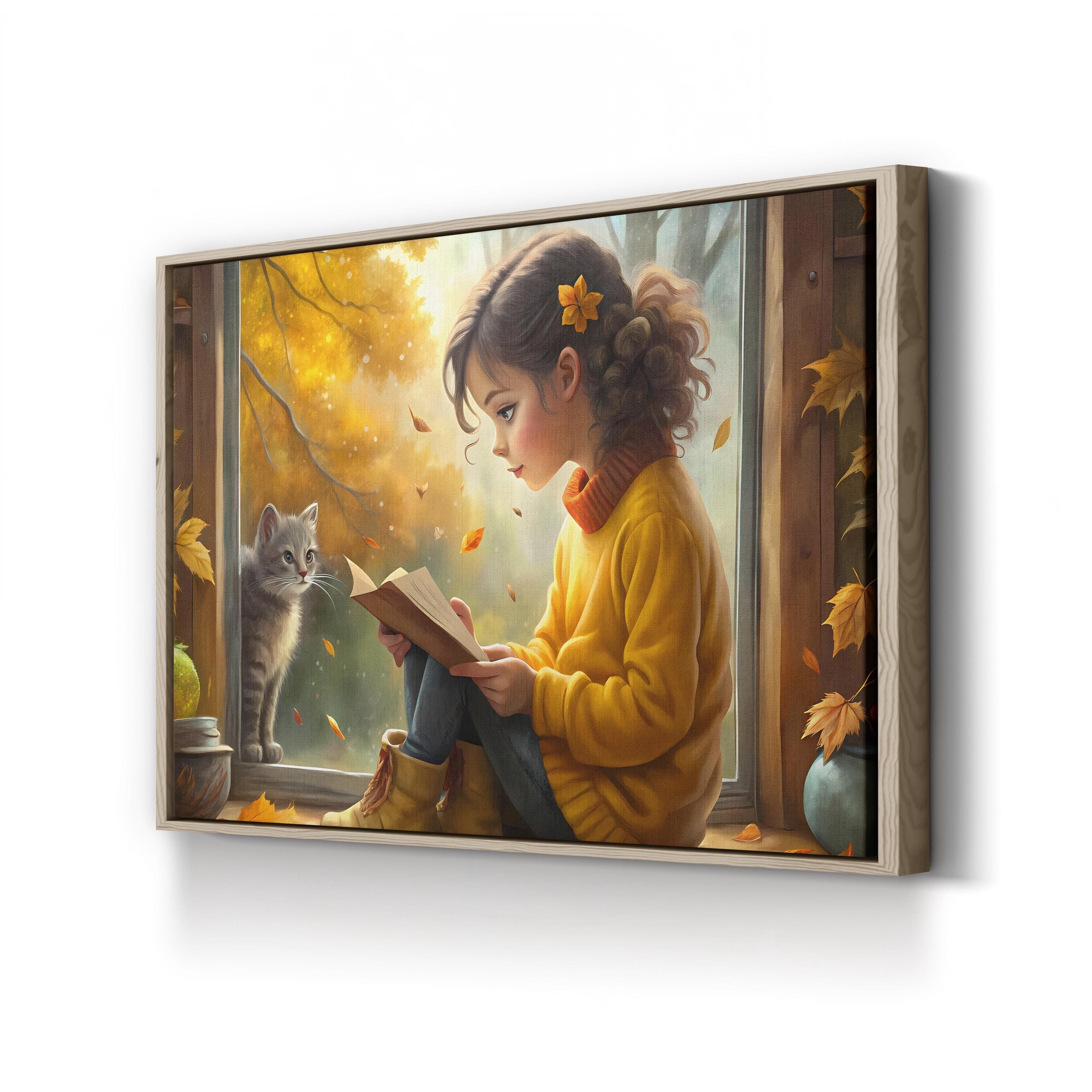 Autumn Reading Girl with Cat – Period Illustration Wall Art | Cozy Fall Canvas Print