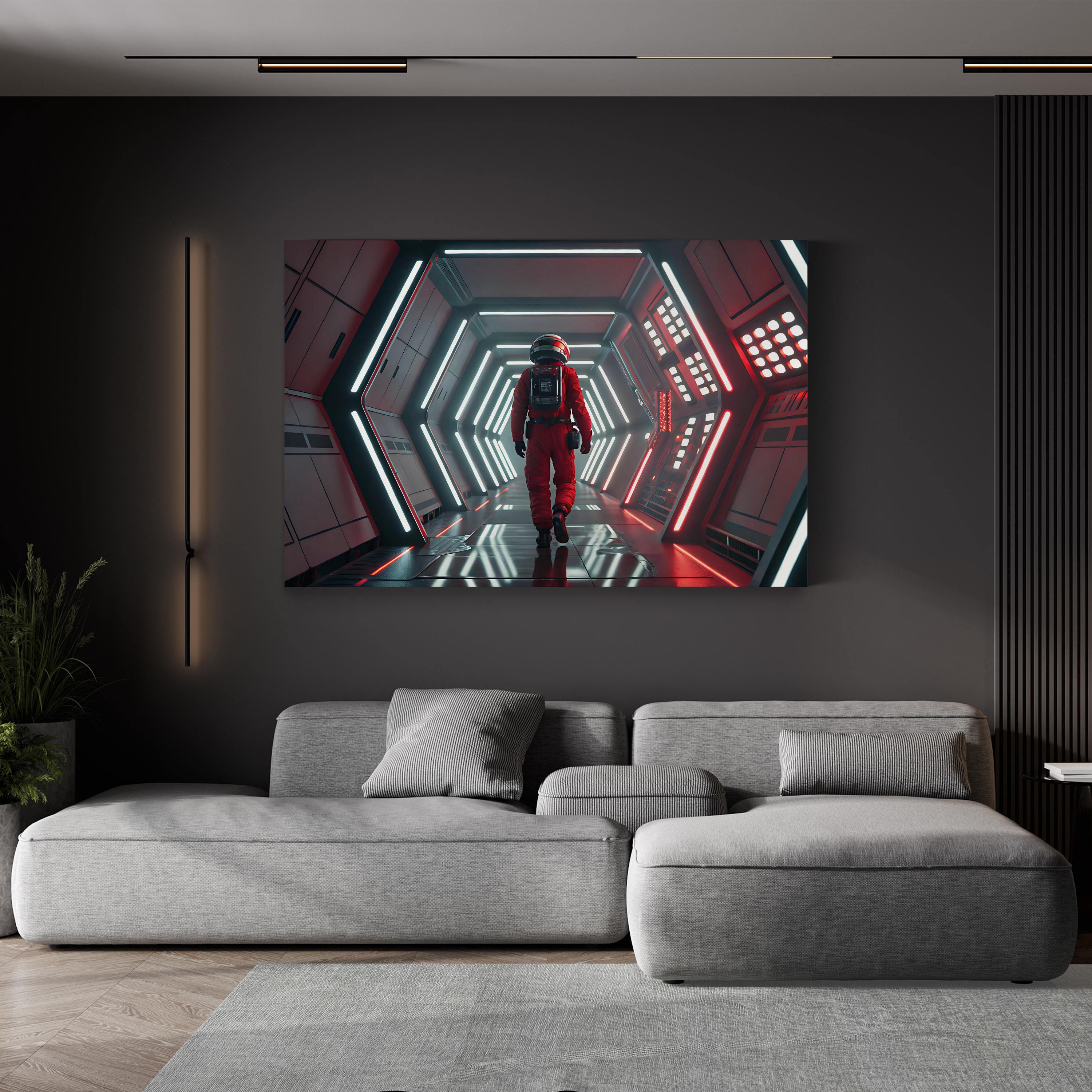 Sci-Fi Astronaut Corridor – Period Illustration Wall Art | Futuristic Space Canvas Print
