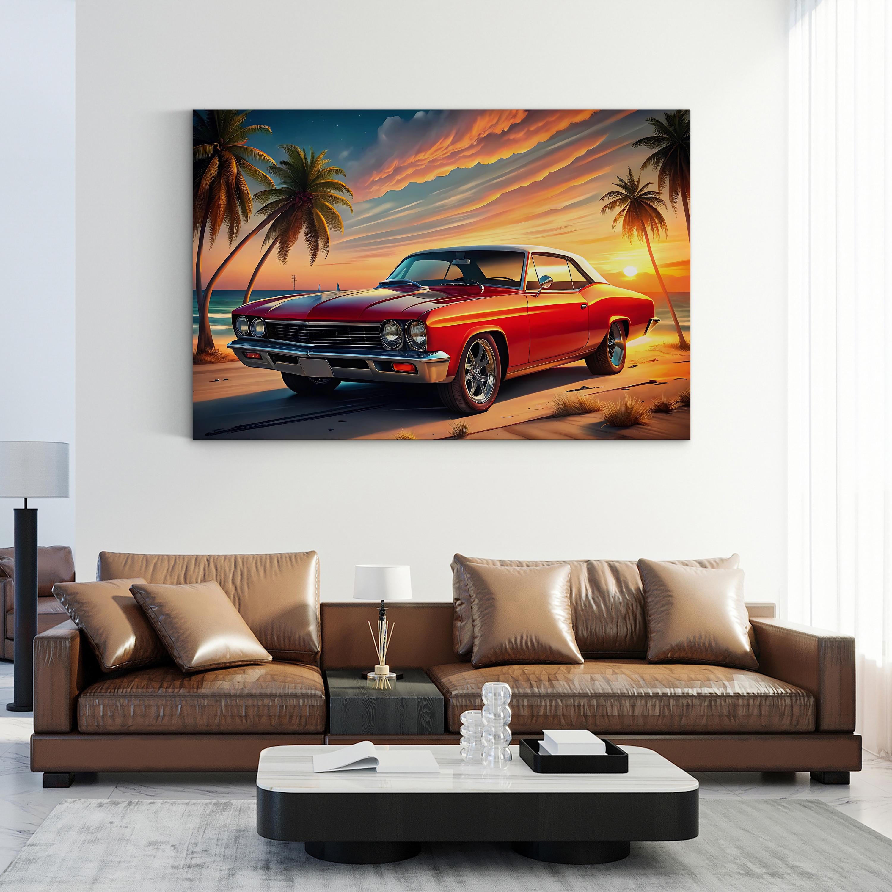 Retro Red Car Coastal – Period Illustration Wall Art | Vintage Automotive Canvas Print