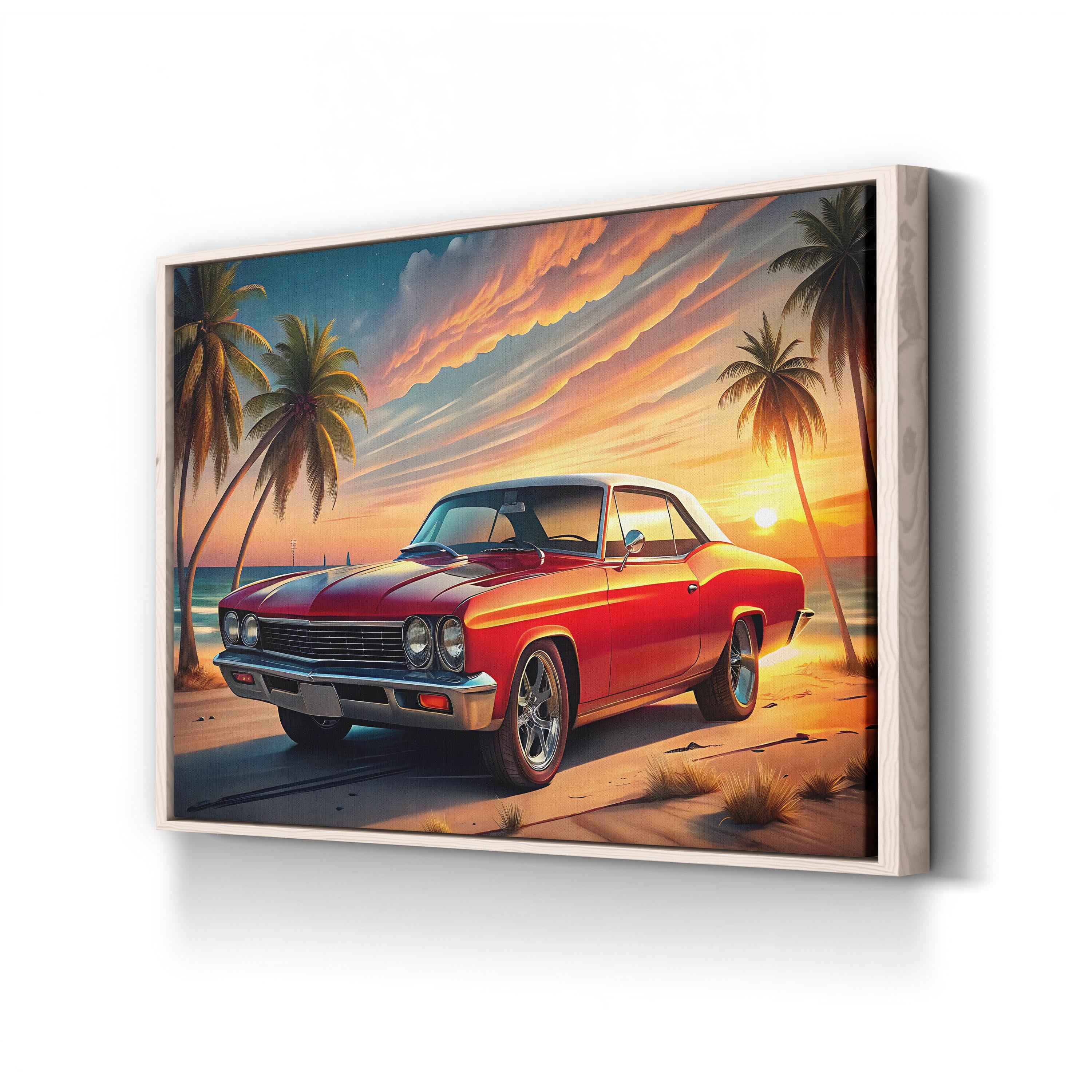 Retro Red Car Coastal – Period Illustration Wall Art | Vintage Automotive Canvas Print