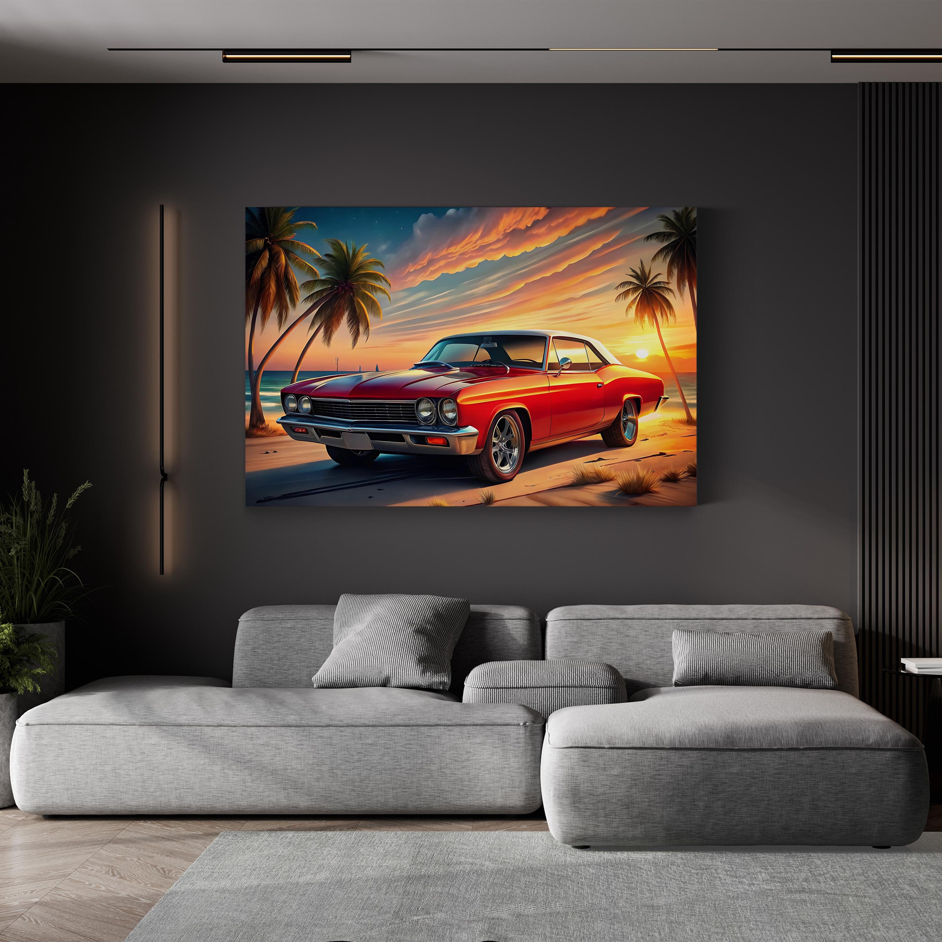 Retro Red Car Coastal – Period Illustration Wall Art | Vintage Automotive Canvas Print