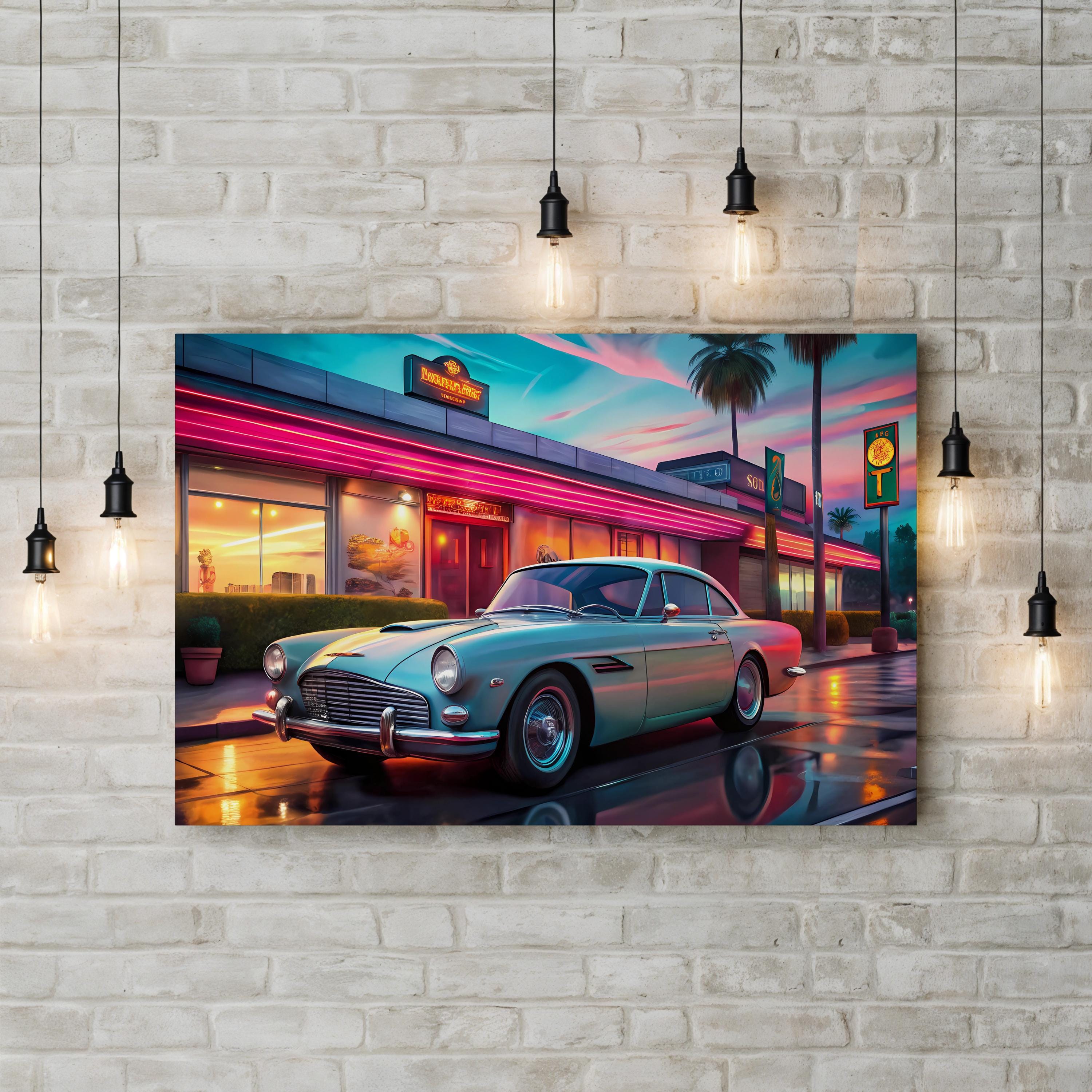 Aston Martin DB4 Neon Backdrop – Period Illustration Wall Art | British Sports Car Canvas Print