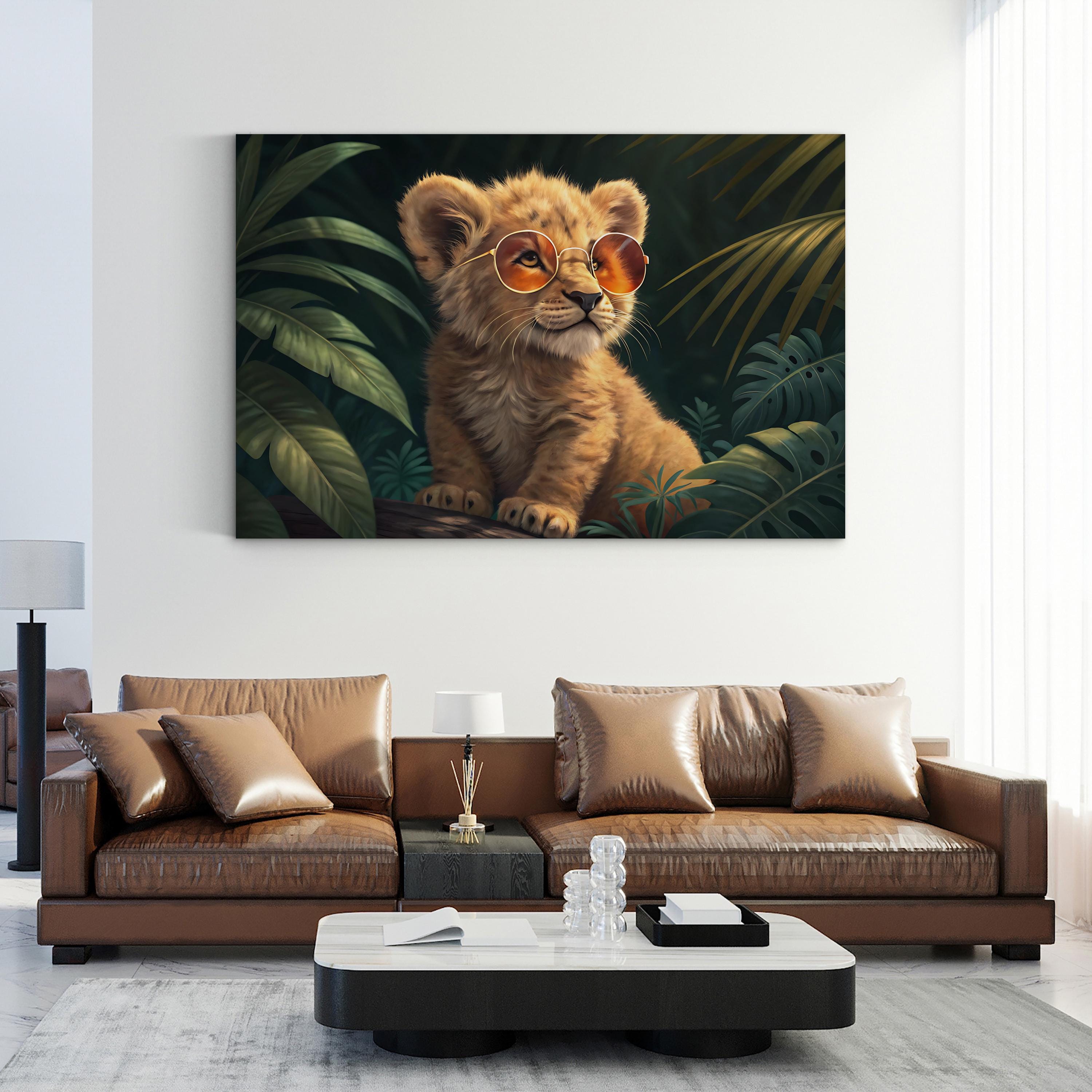 Baby Lion with Glasses – Period Illustration Wall Art | Nursery Animal Canvas Print