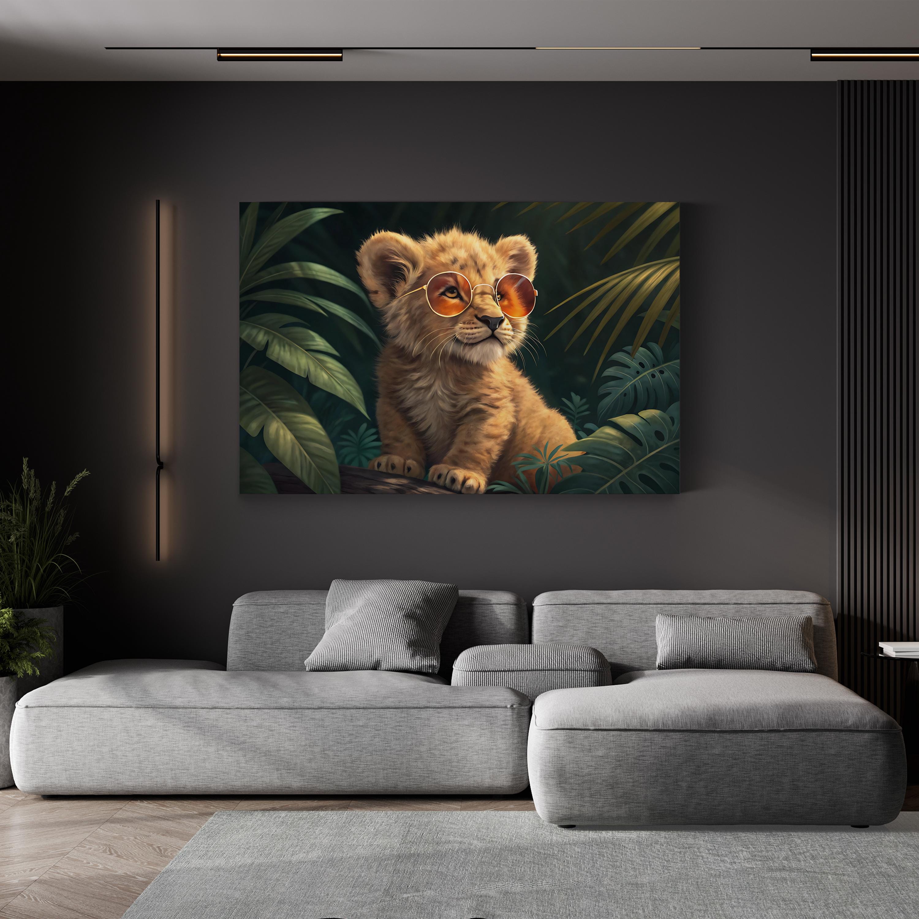 Baby Lion with Glasses – Period Illustration Wall Art | Nursery Animal Canvas Print