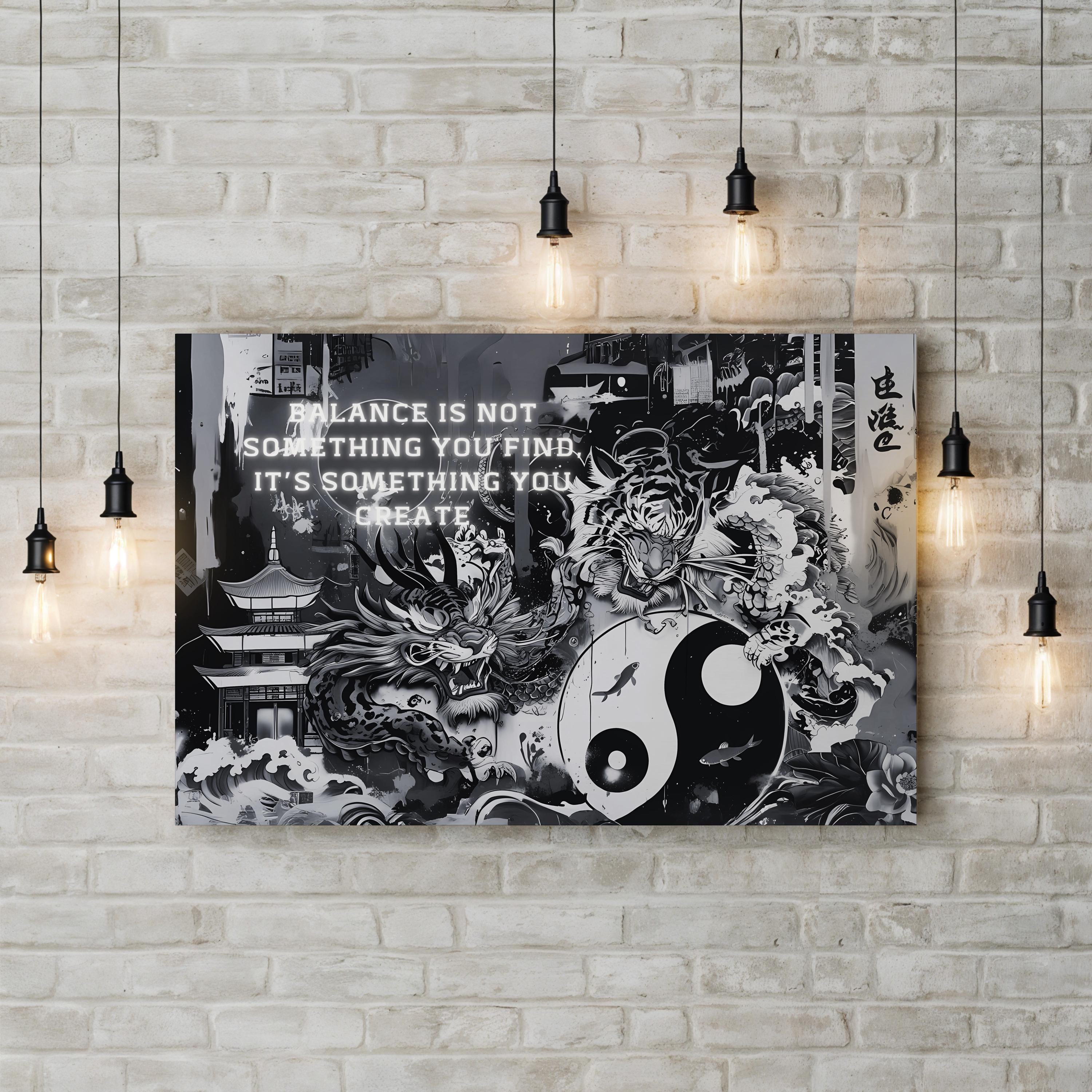Yin Yang Tiger Zen – Period Illustration Wall Art | Spiritual Monochrome Canvas Print