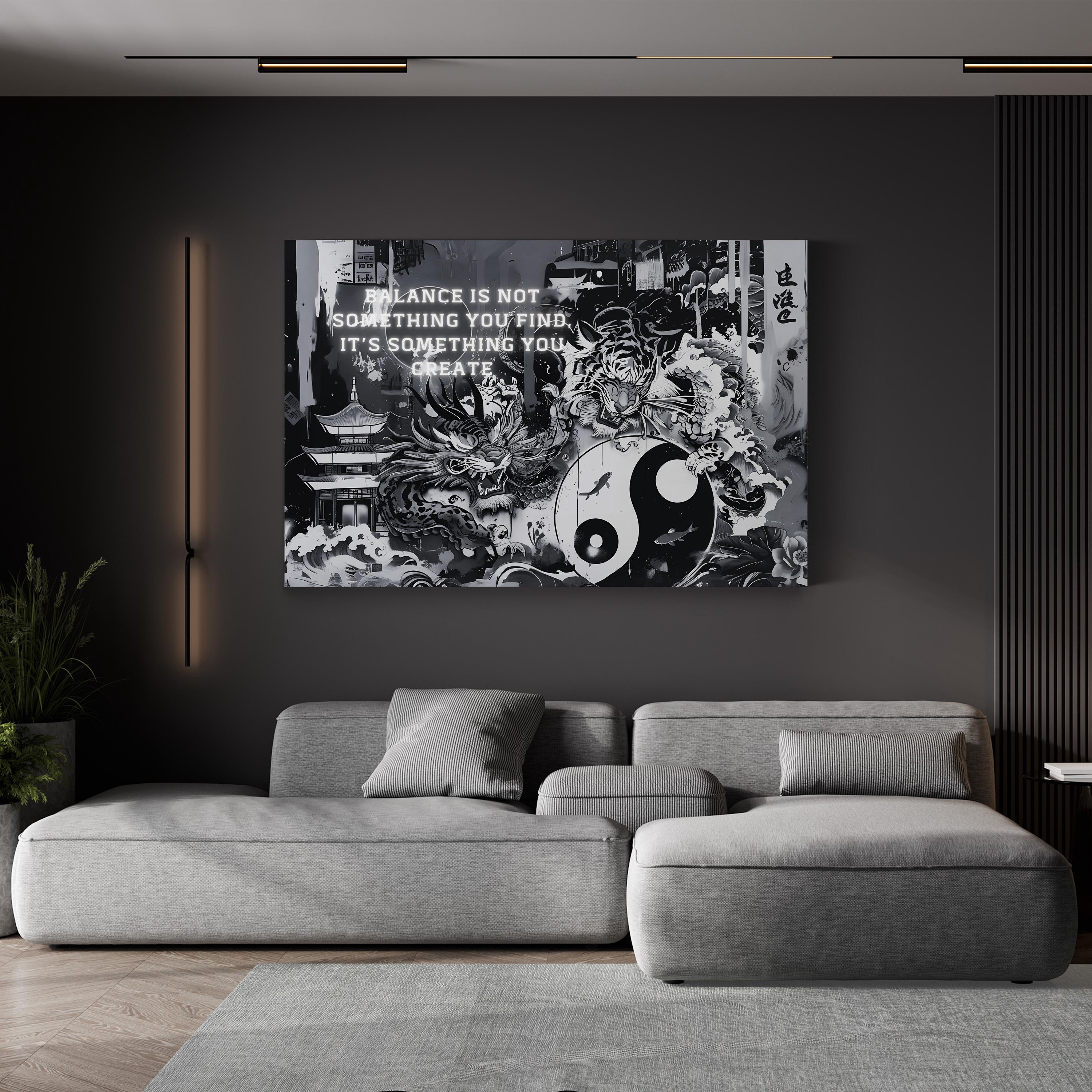 Yin Yang Tiger Zen – Period Illustration Wall Art | Spiritual Monochrome Canvas Print