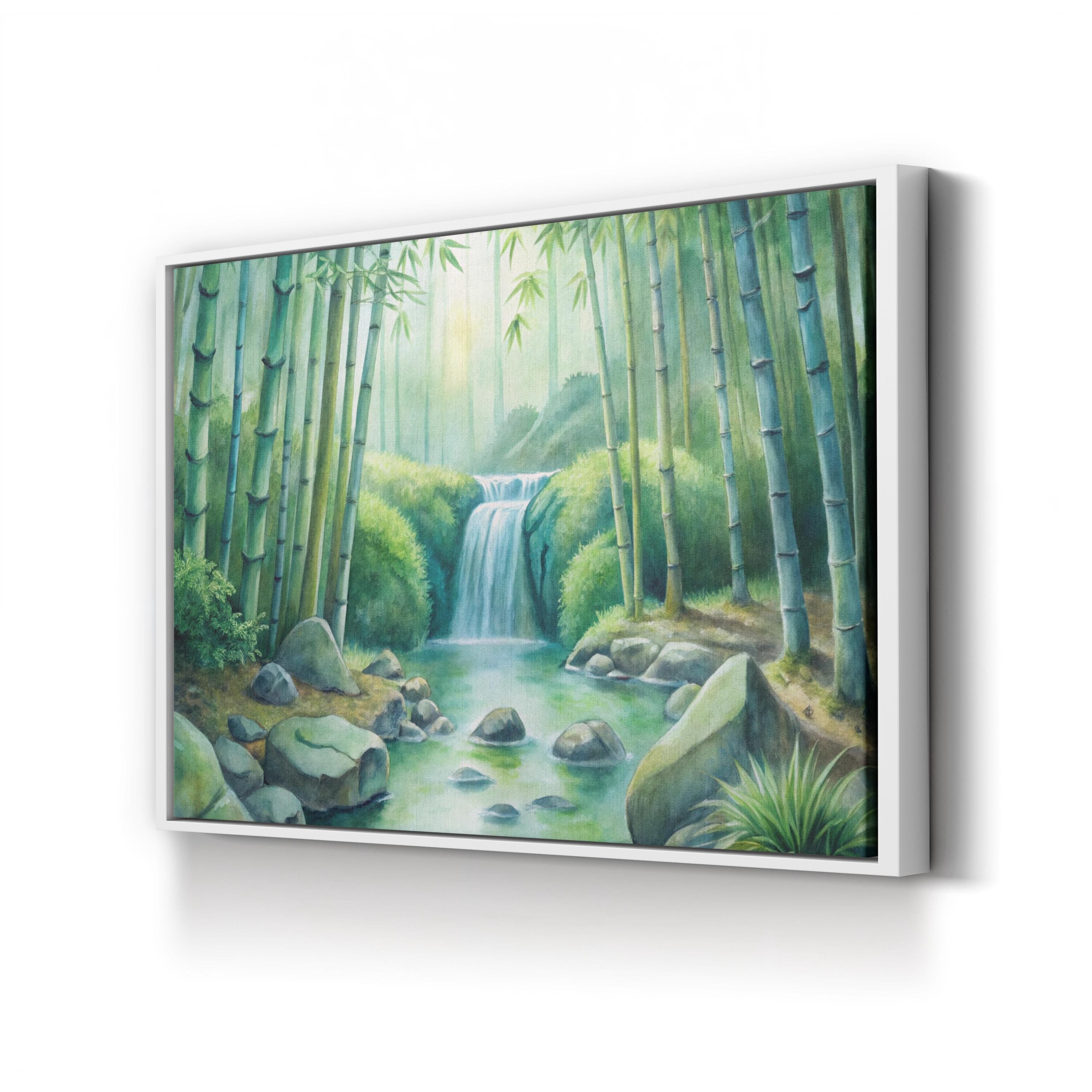 Watercolor Bamboo Forest – Period Illustration Wall Art | Calming Waterfall Canvas Print