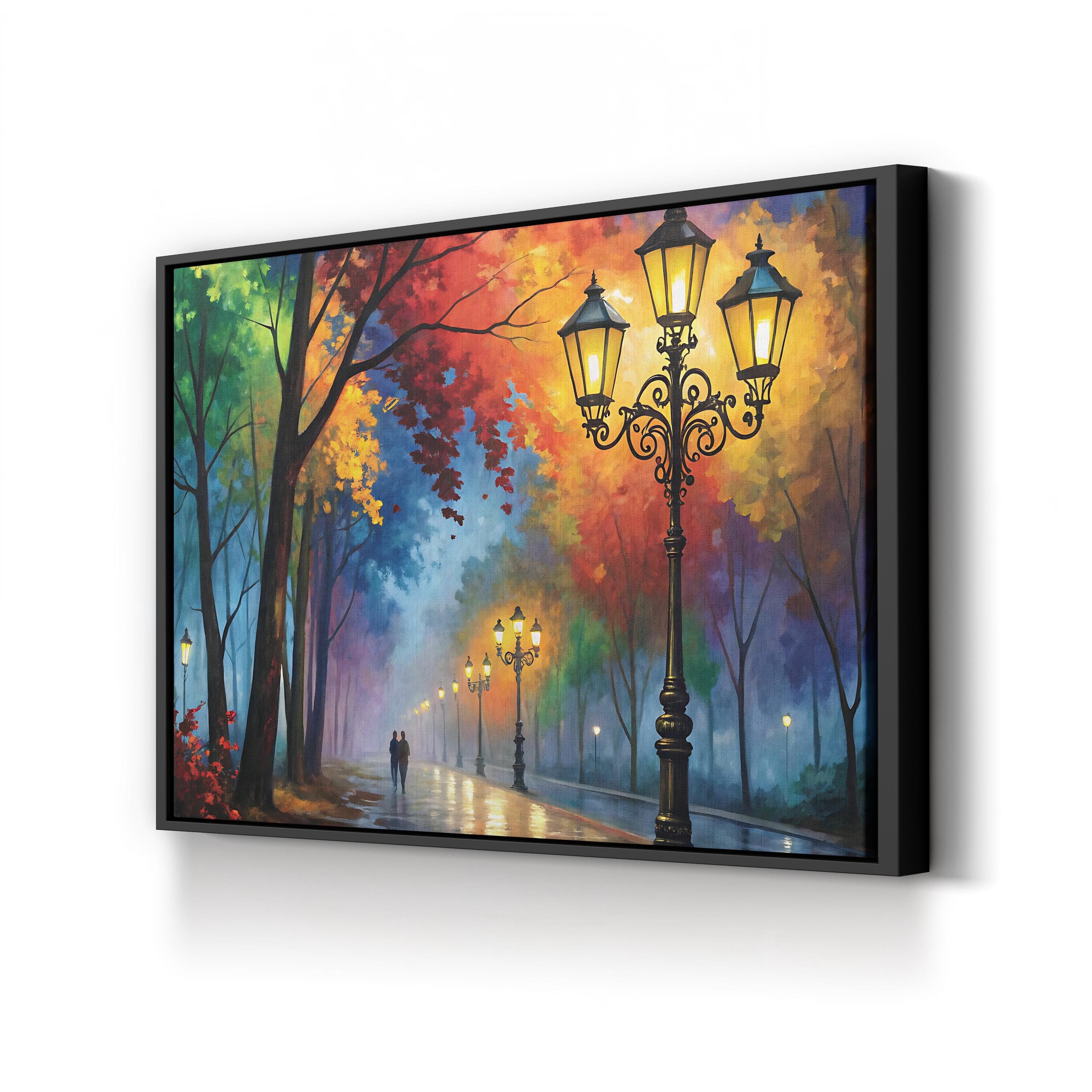 Autumn Street Lanterns – Period Illustration Wall Art | Tree-Lined Pathway Canvas Print