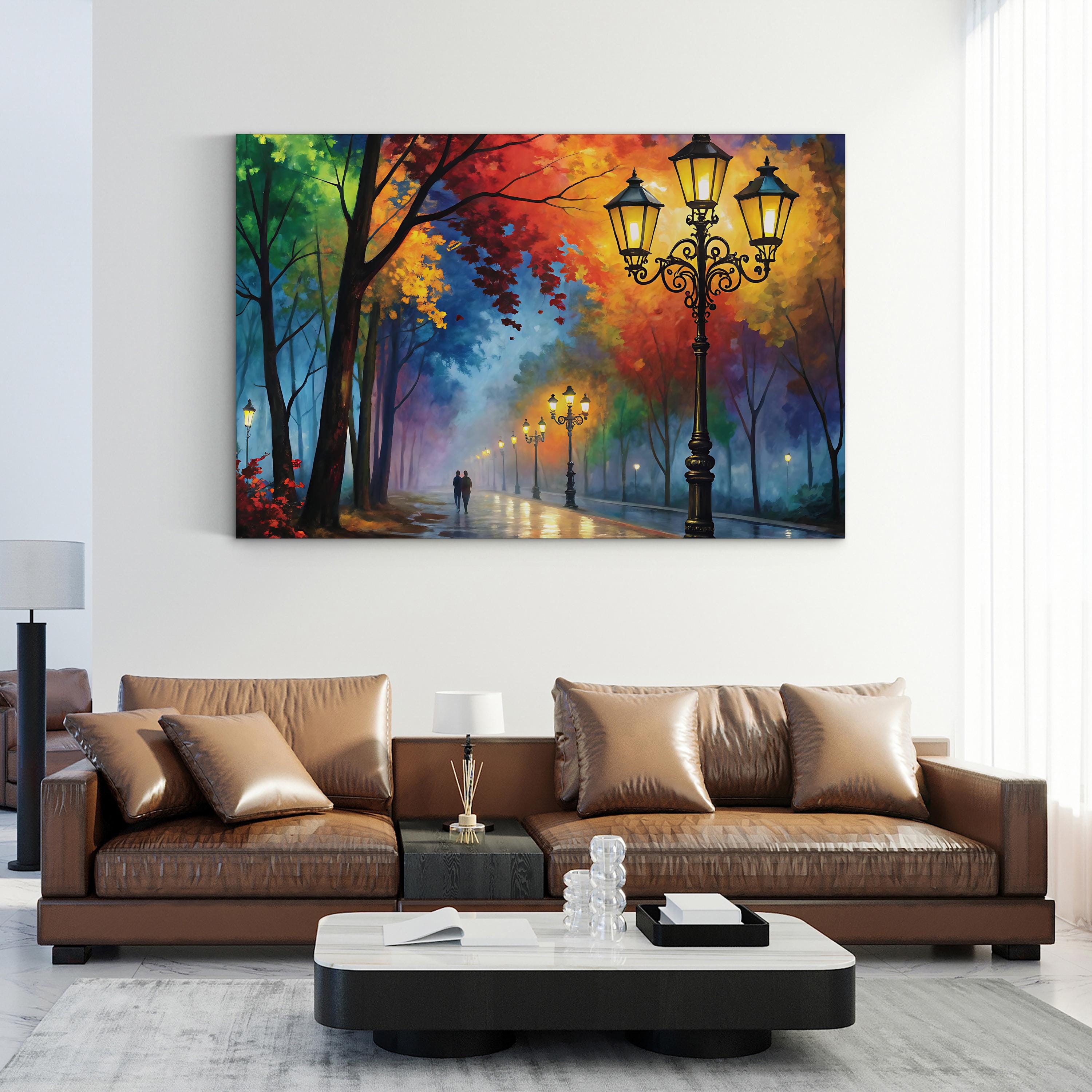 Autumn Street Lanterns – Period Illustration Wall Art | Tree-Lined Pathway Canvas Print
