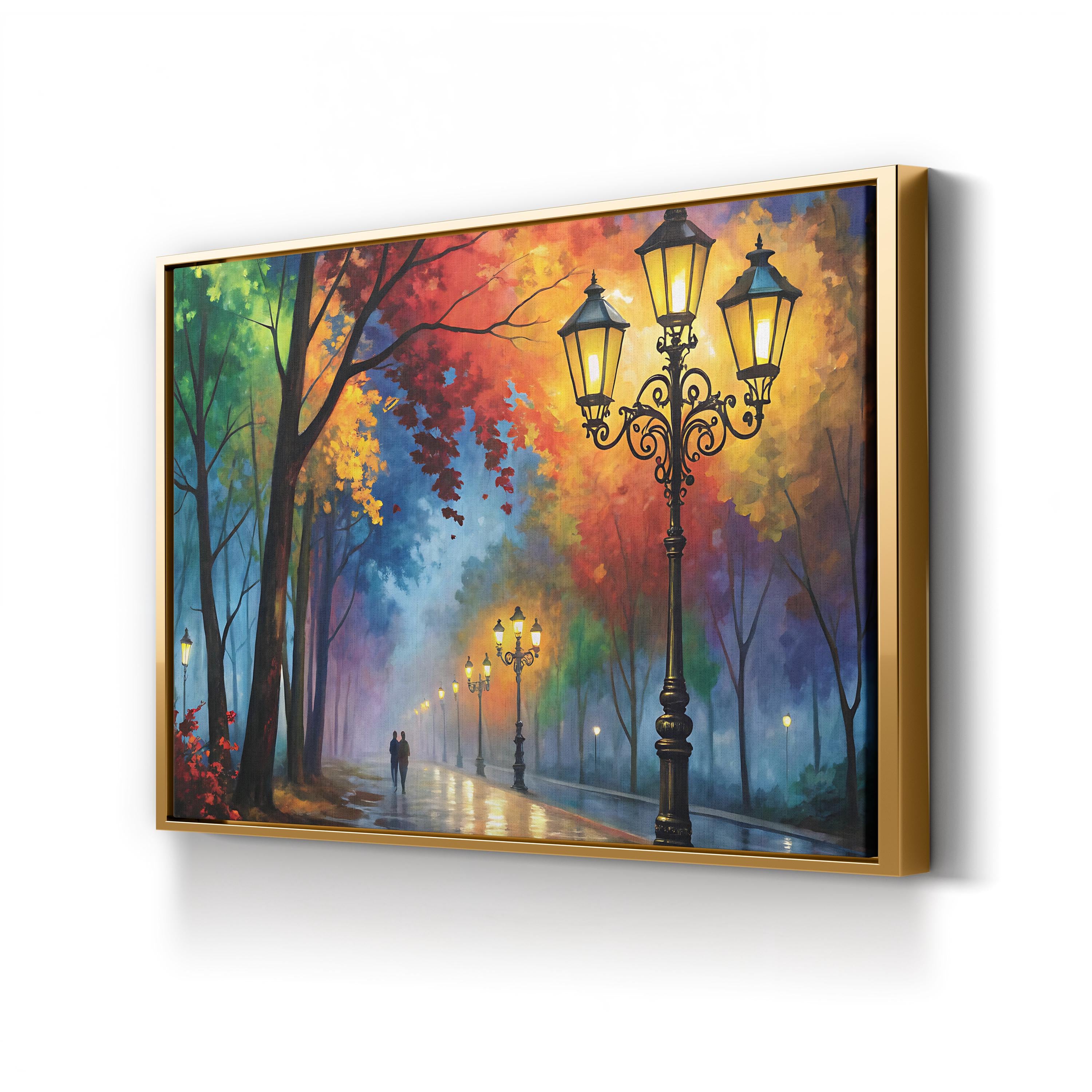 Autumn Street Lanterns – Period Illustration Wall Art | Tree-Lined Pathway Canvas Print
