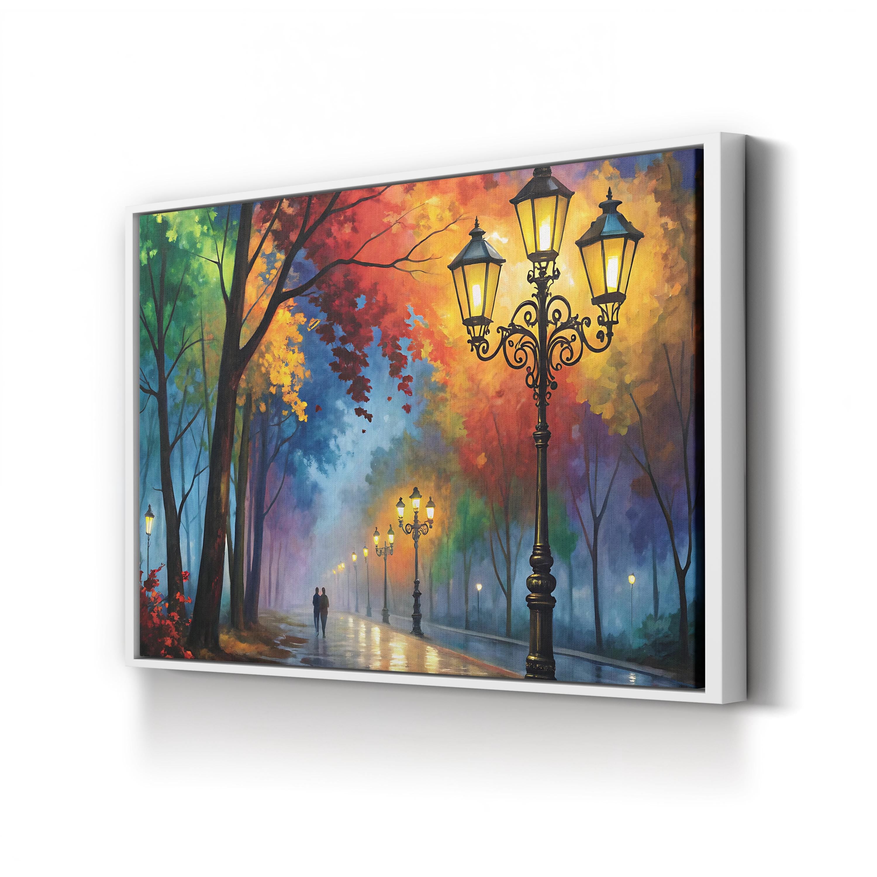Autumn Street Lanterns – Period Illustration Wall Art | Tree-Lined Pathway Canvas Print
