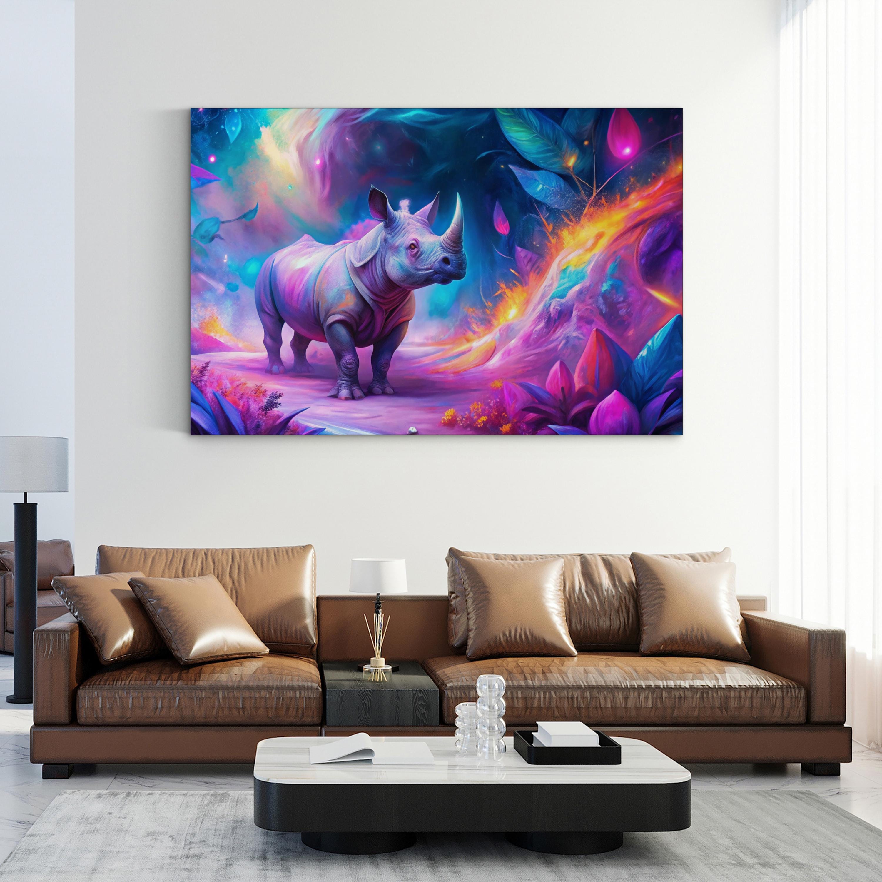 Vibrant Neon Rhino – Period Illustration Wall Art | Contemporary Wildlife Canvas Print