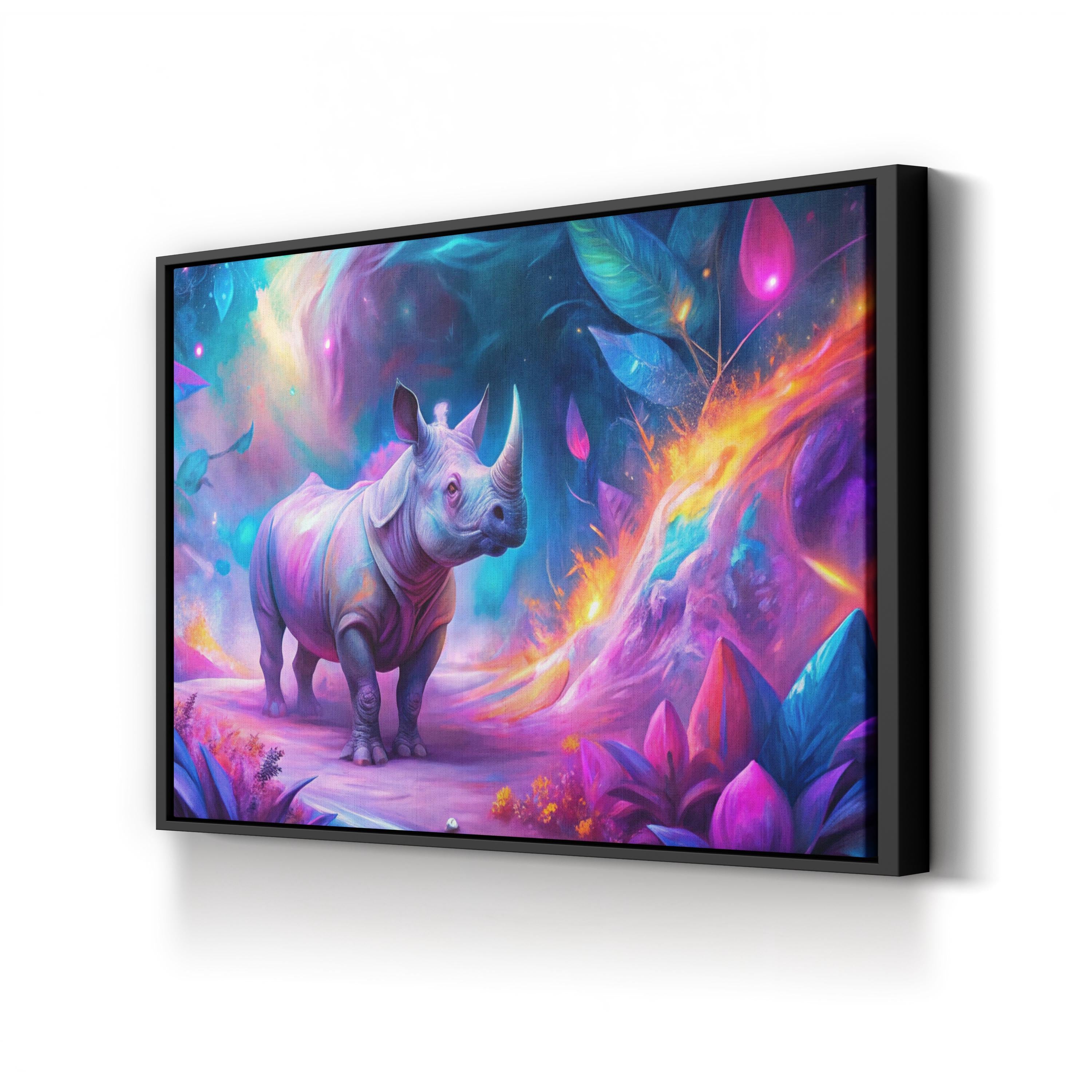 Vibrant Neon Rhino – Period Illustration Wall Art | Contemporary Wildlife Canvas Print