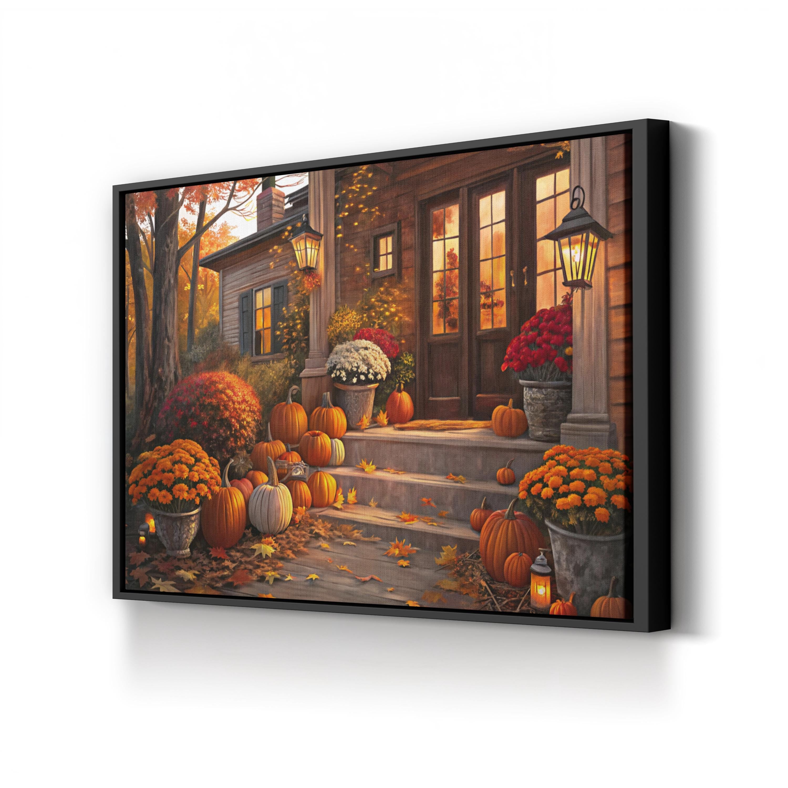 Autumn Porch with Pumpkins – Period Illustration Wall Art | Fall Harvest Canvas Print
