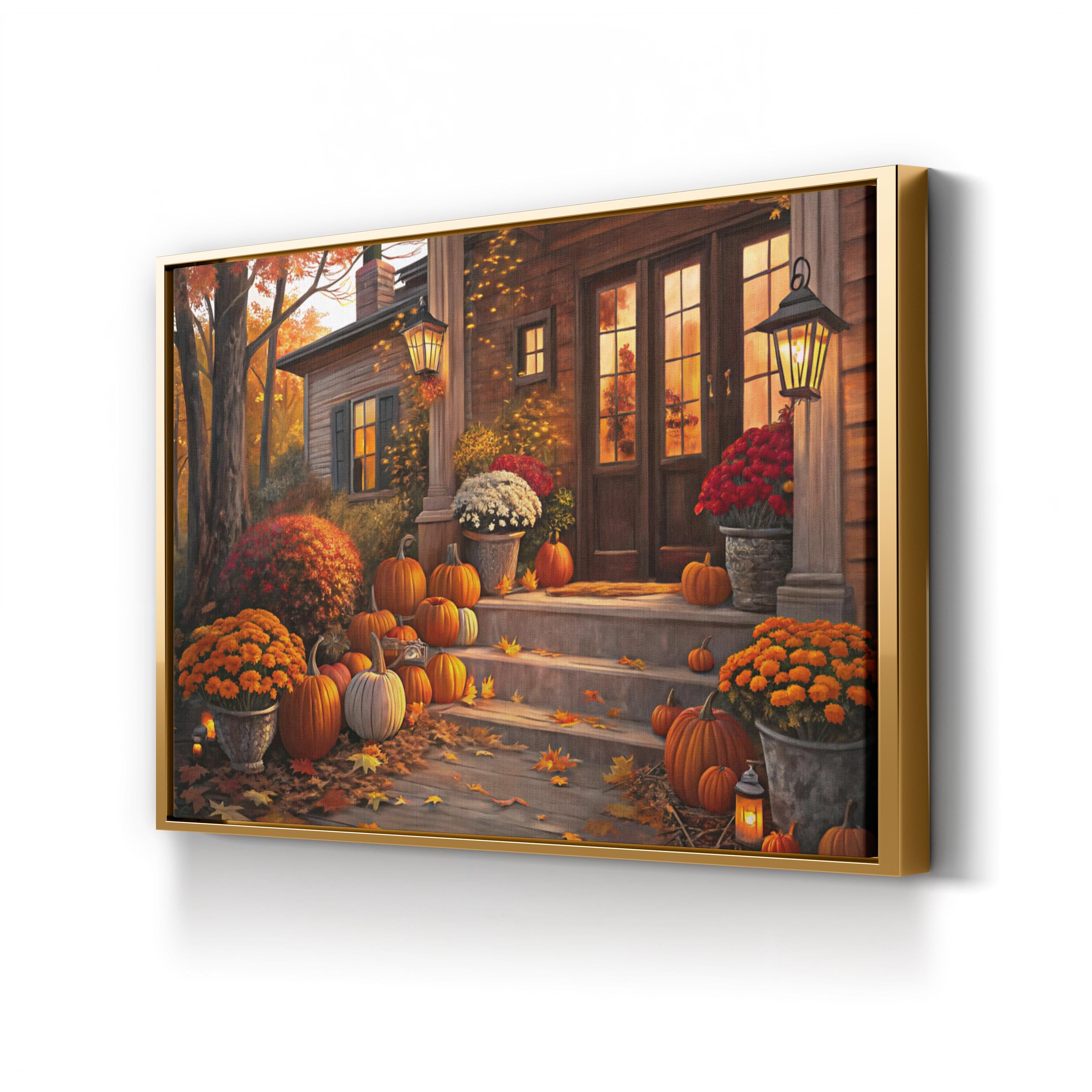 Autumn Porch with Pumpkins – Period Illustration Wall Art | Fall Harvest Canvas Print
