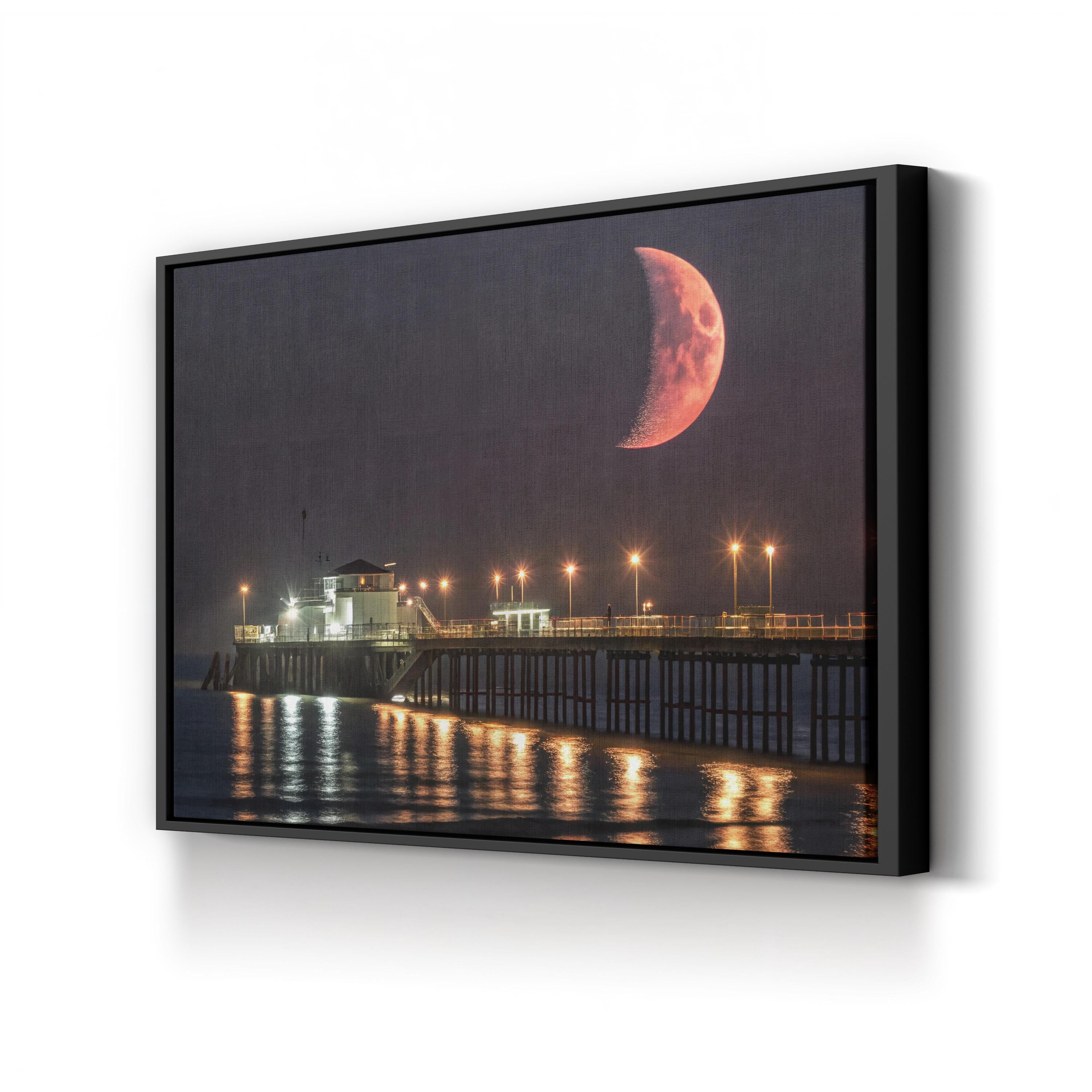 Crescent Moon Over Pier – Vintage Photography Wall Art | Night Sky Coastal Canvas Print