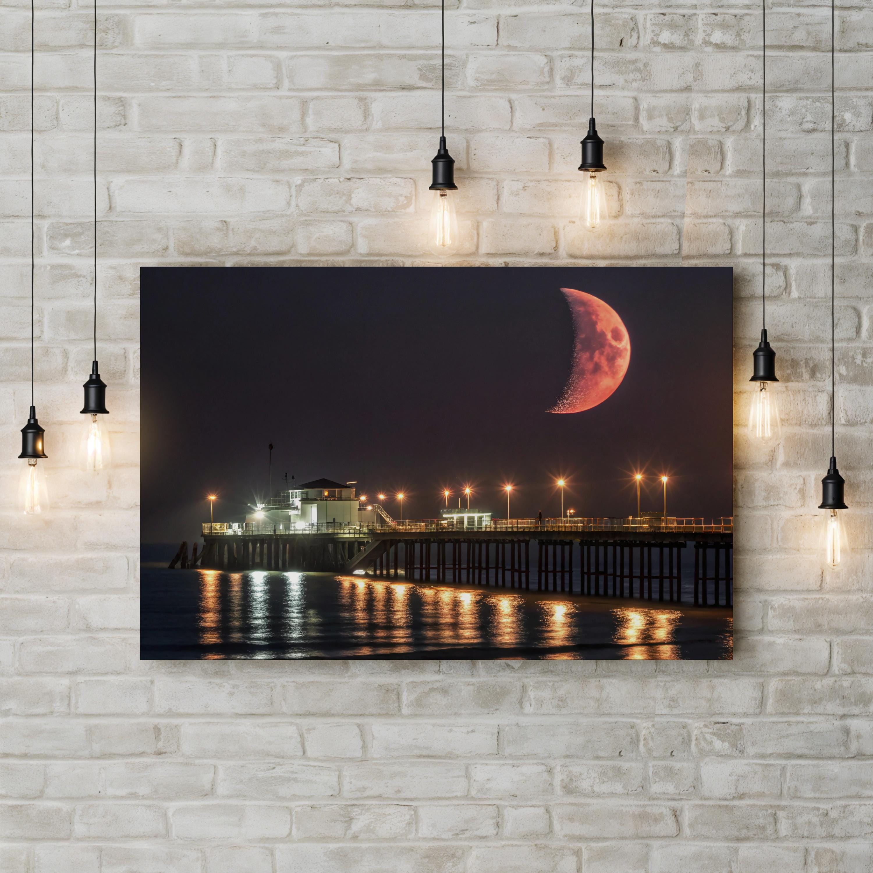 Crescent Moon Over Pier – Vintage Photography Wall Art | Night Sky Coastal Canvas Print