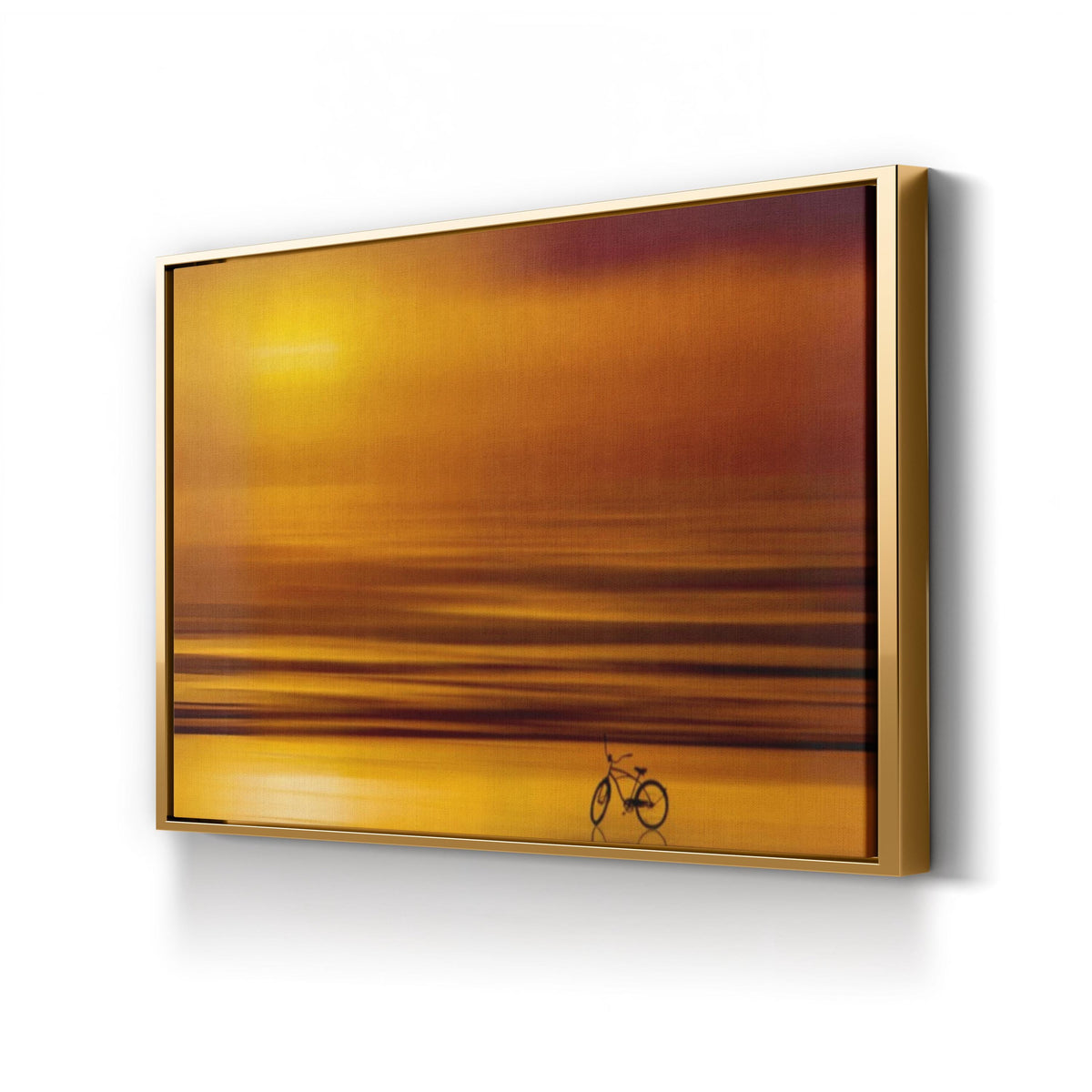 Vintage Bicycle Silhouette at Golden Sunset canvas print in gold frame