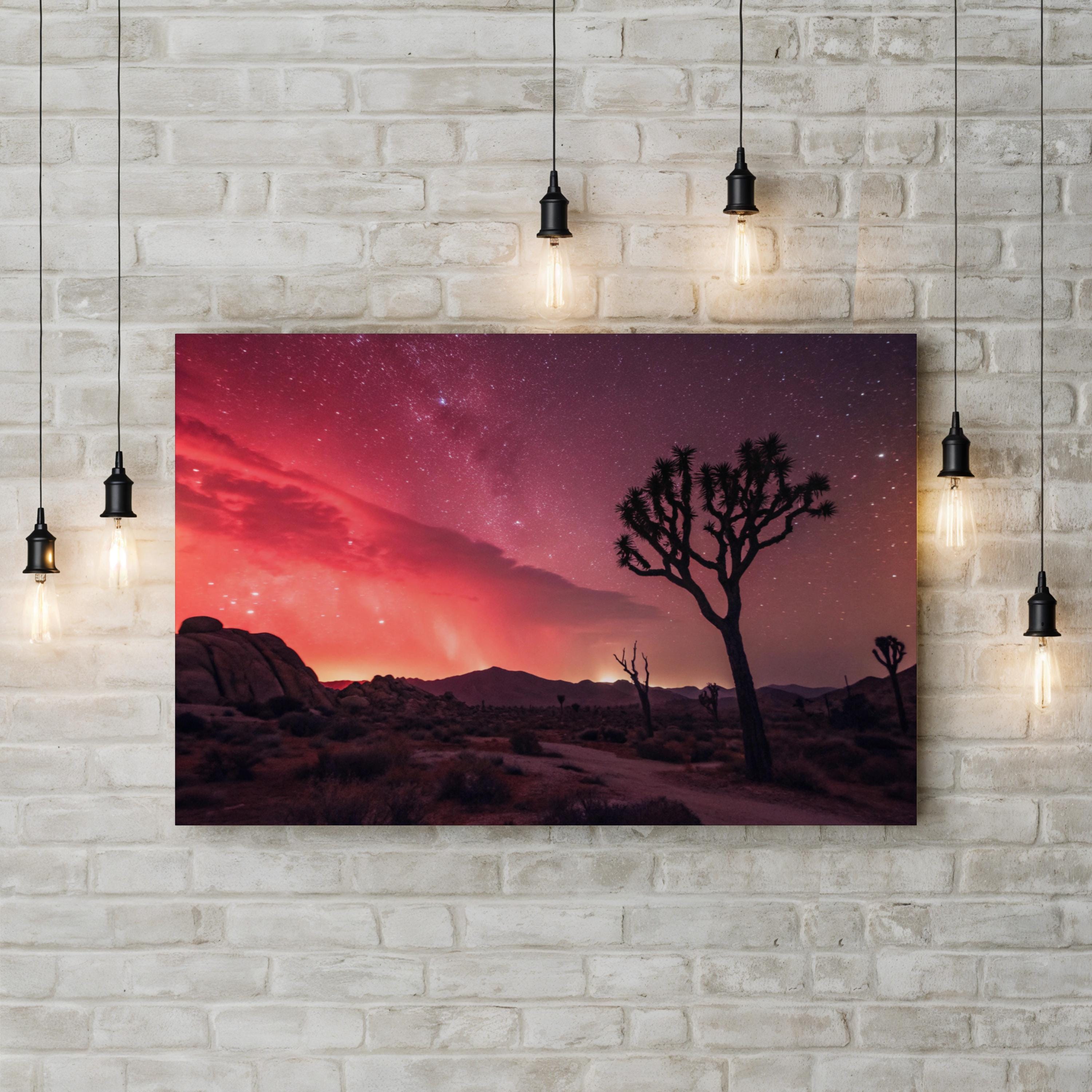 Joshua Tree Red Aurora – Vintage Photography Wall Art | Starry Desert Canvas Print