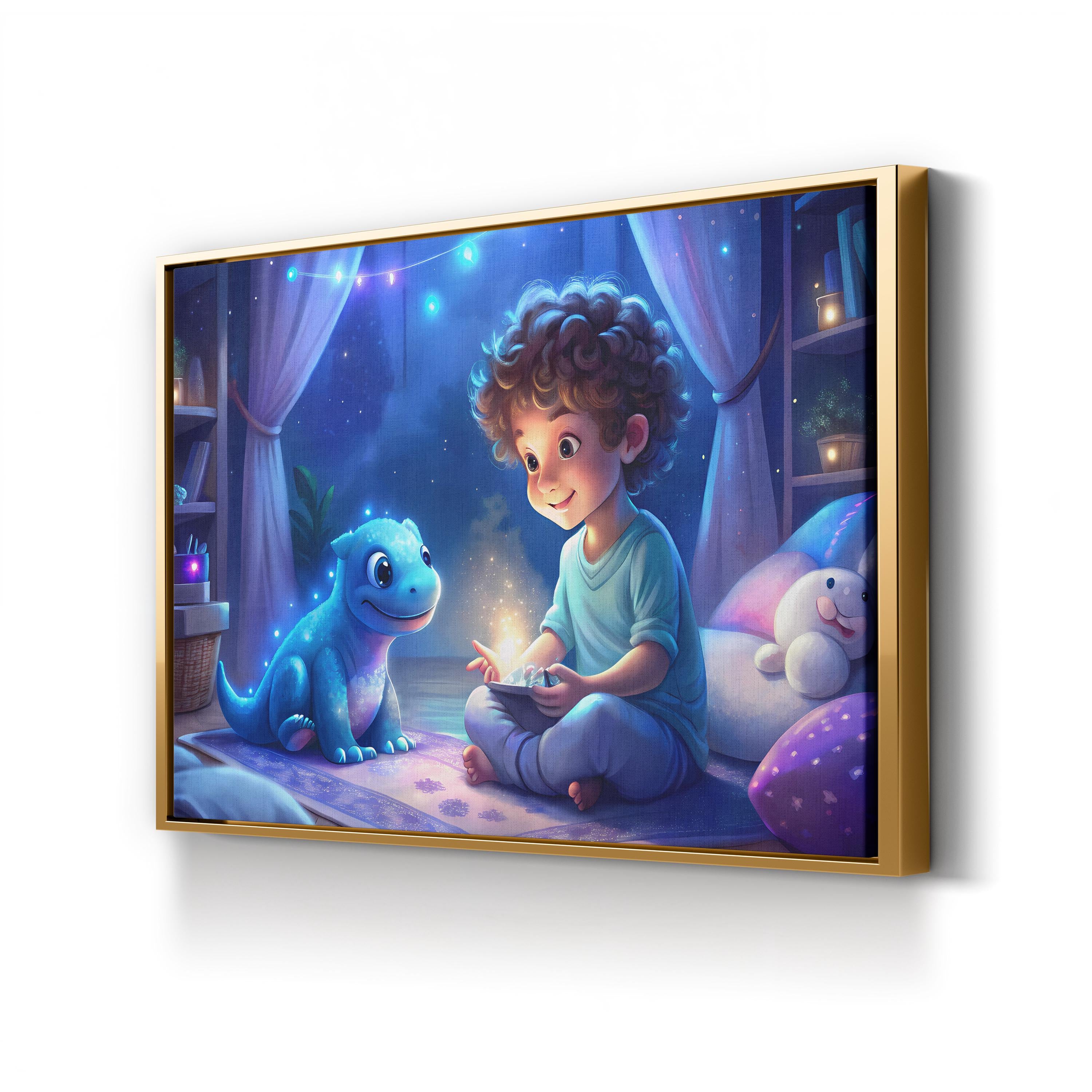 Dino Tales Dinosaur & Boy – Period Illustration Wall Art | Whimsical Nursery Canvas Print