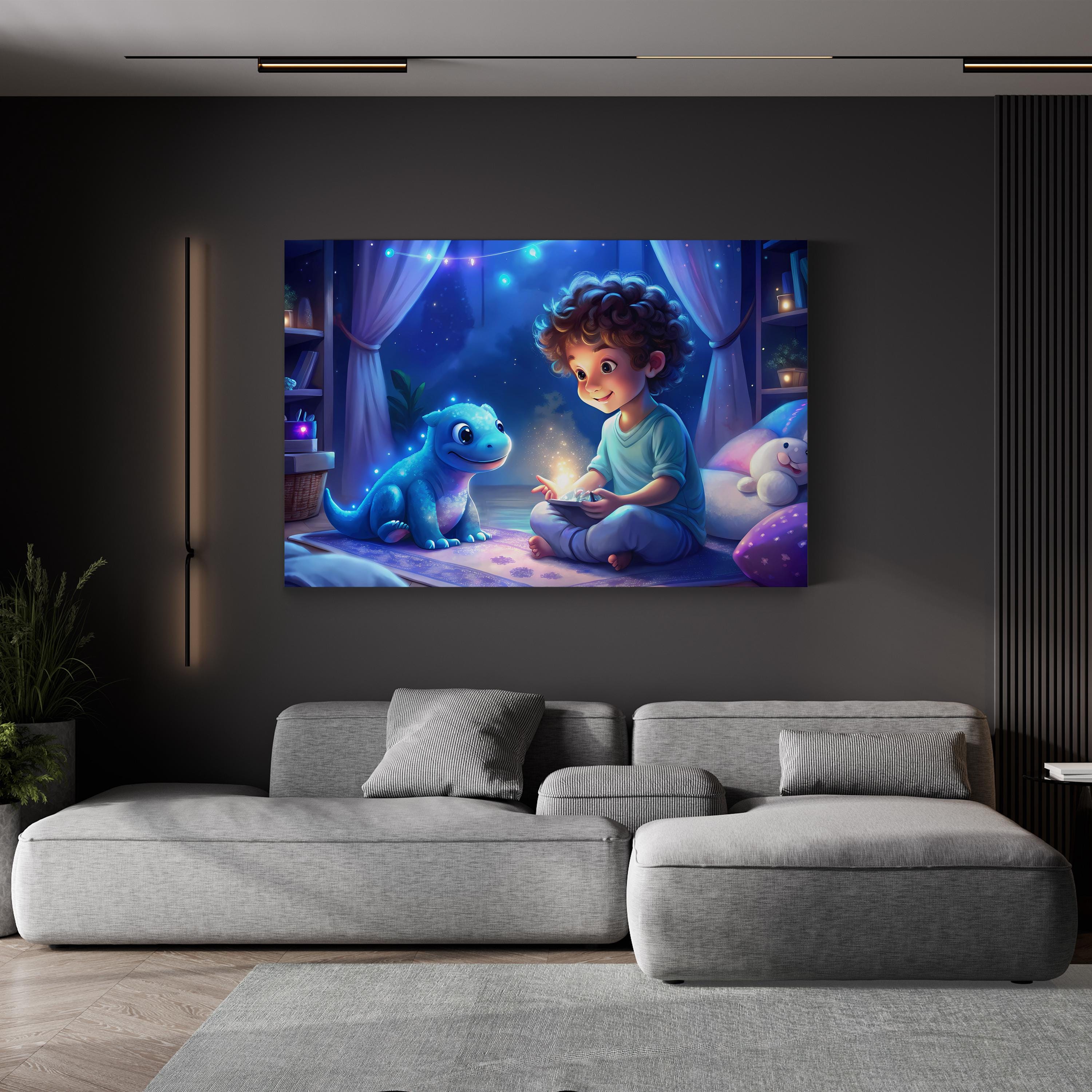 Dino Tales Dinosaur & Boy – Period Illustration Wall Art | Whimsical Nursery Canvas Print