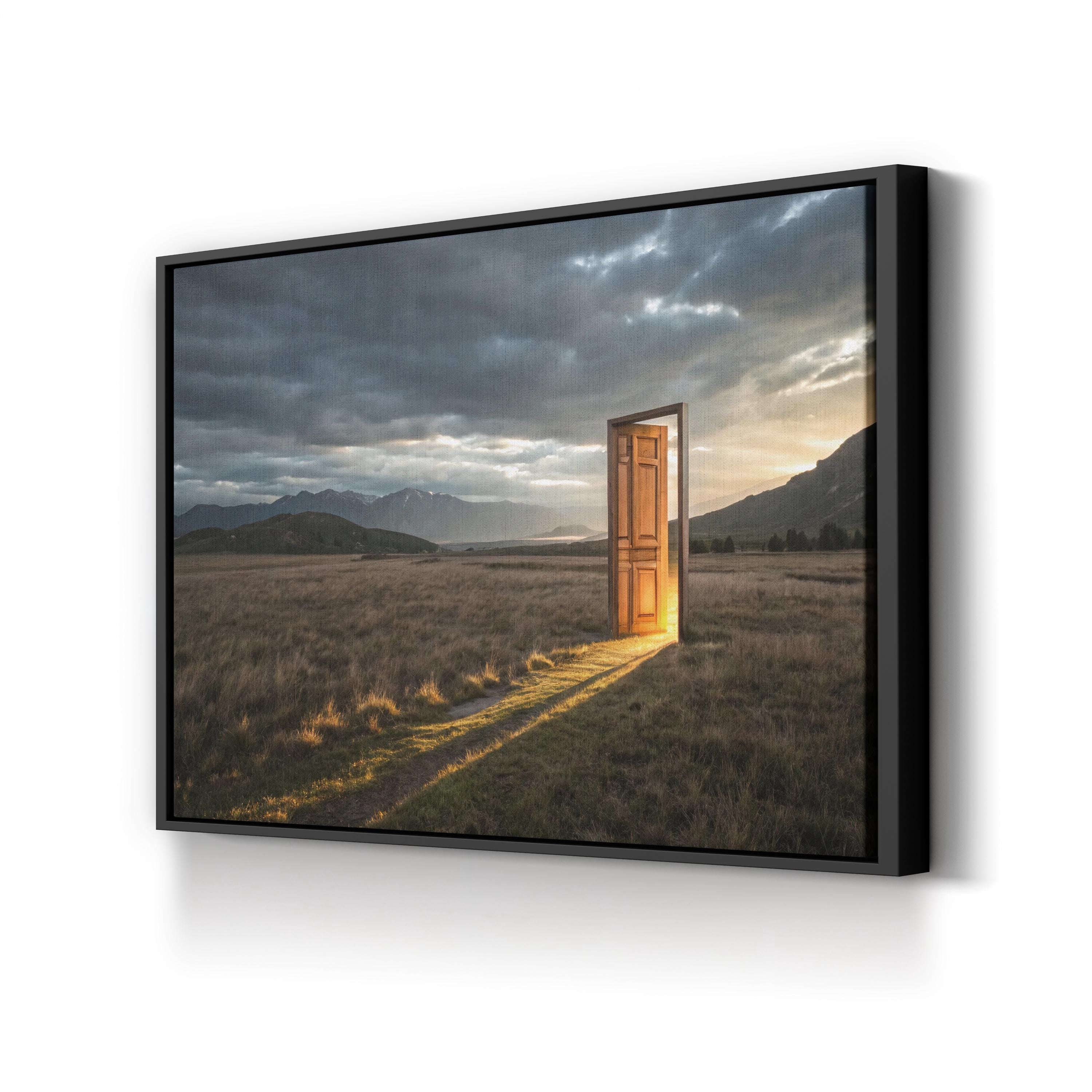 Surreal Mountain View Canvas Print – Doorway to Happiness, Modern Motivational Wall Art