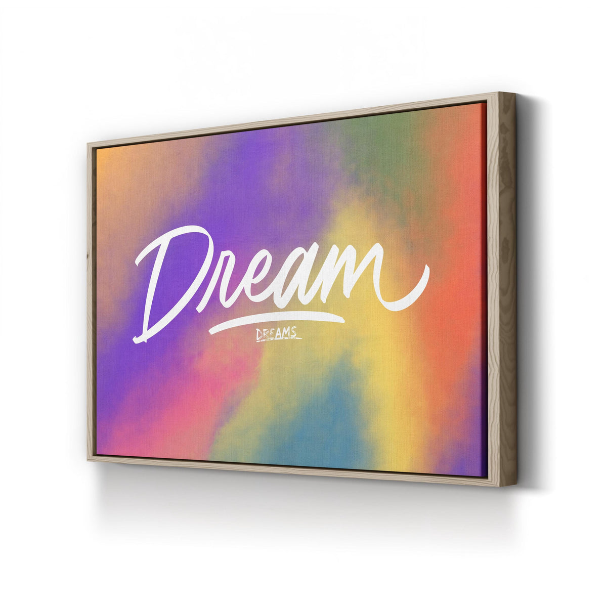 Dream Rainbow Calligraphy canvas print in oak frame