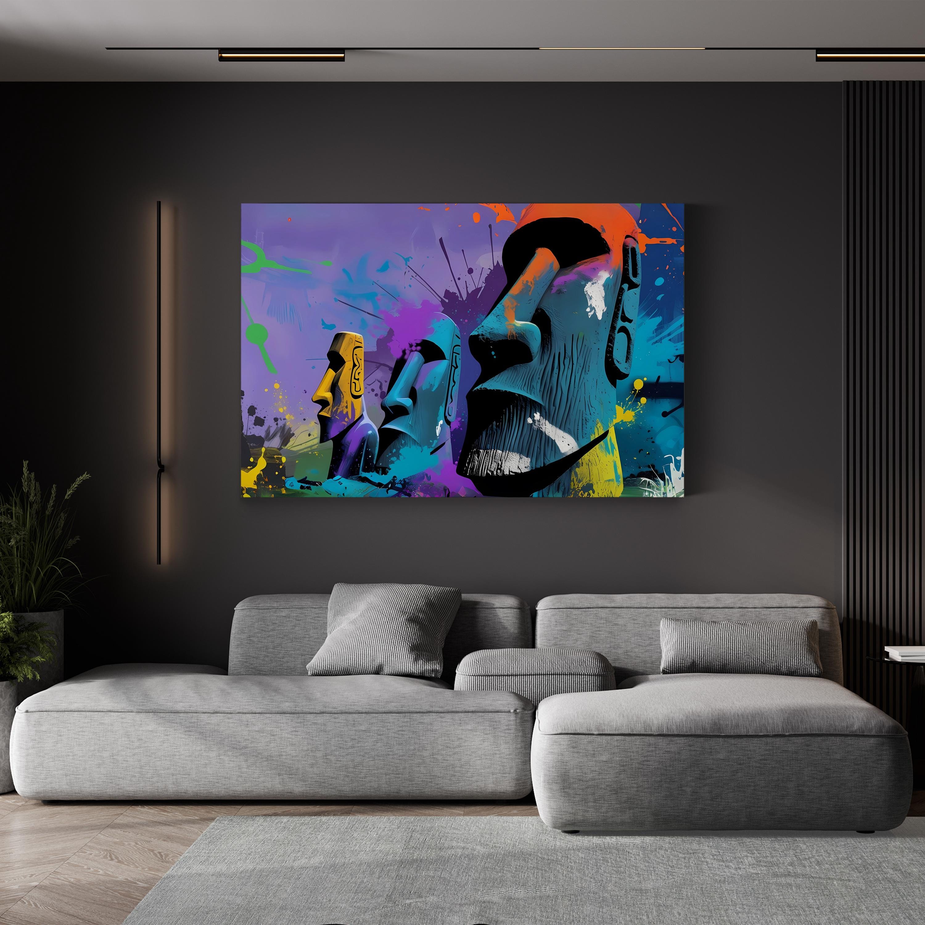 Moai Graffiti Bold Statues – Period Illustration Wall Art | Easter Island Canvas Print