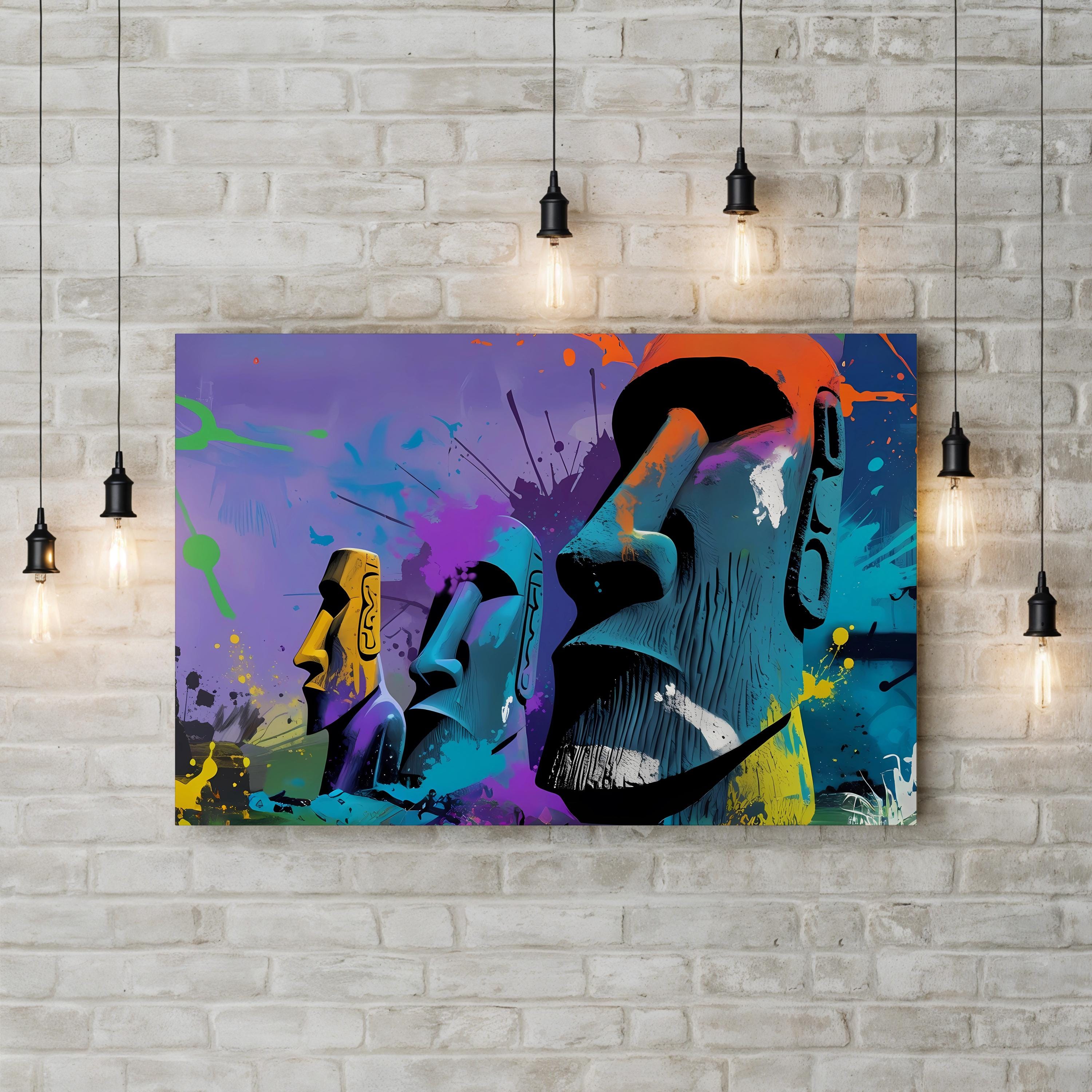 Moai Graffiti Bold Statues – Period Illustration Wall Art | Easter Island Canvas Print